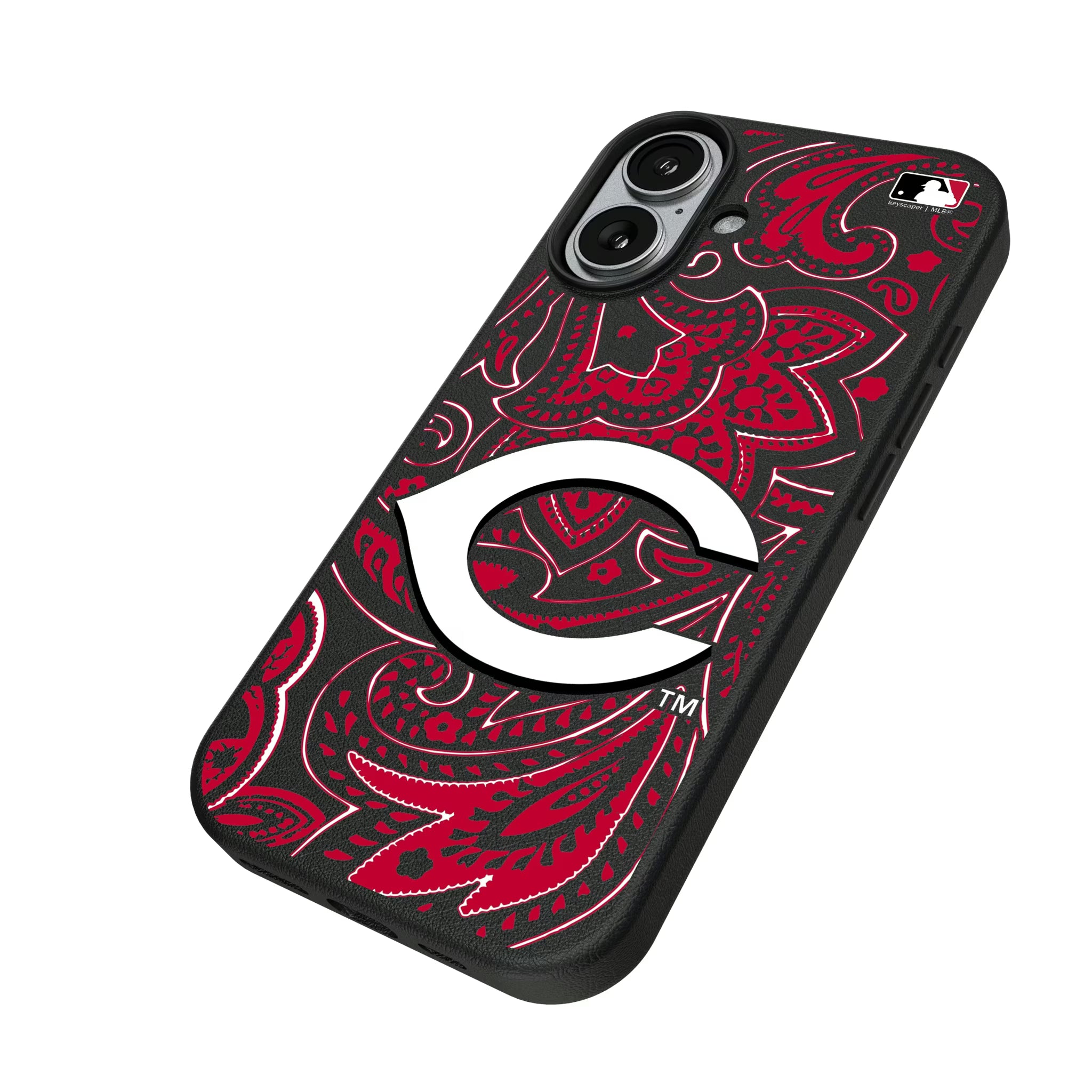 Cincinnati Reds Paisley iPhone MagSafe Compatible Phone Case for Apple iPhone - Isometric View#Device_iPhone 17