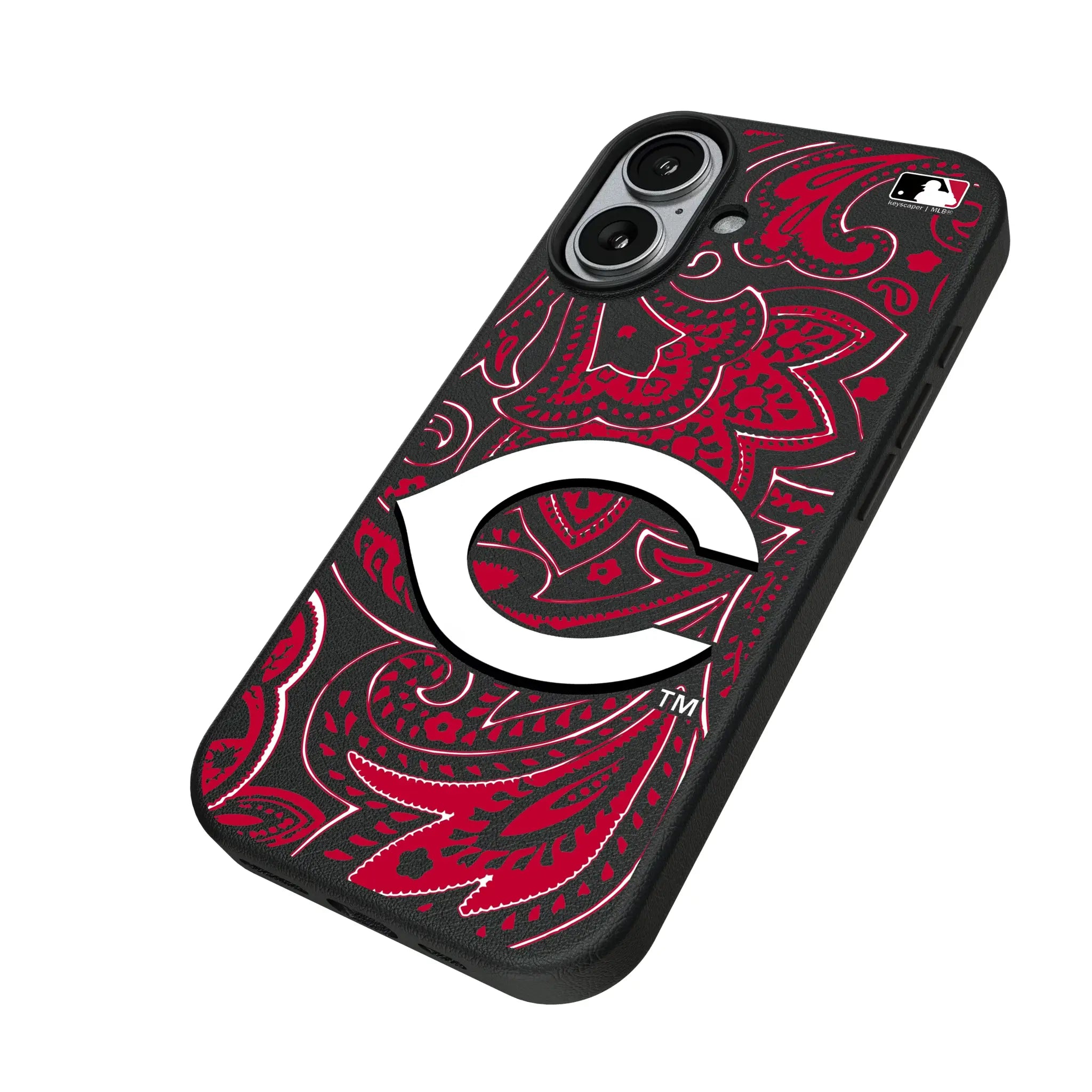 Cincinnati Reds Paisley iPhone MagSafe Compatible Phone Case for Apple iPhone - Isometric View#Device_iPhone 17
