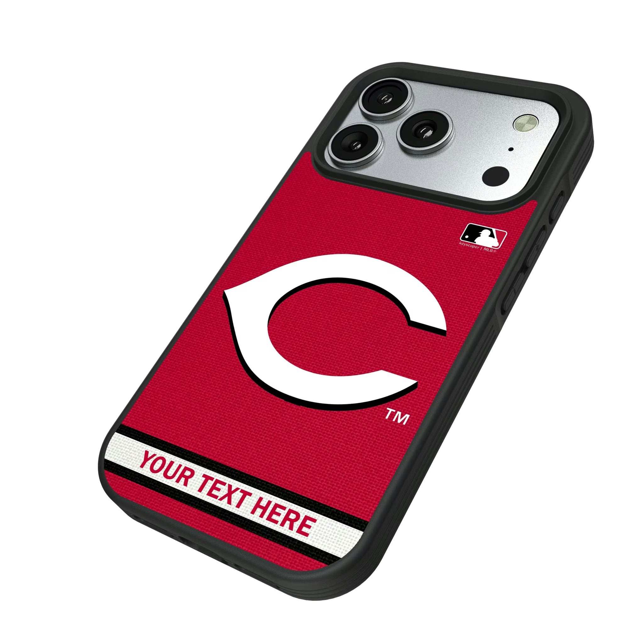 Cincinnati Reds Personalized Stripe iPhone Bump Phone Case for Apple iPhone - Isometric View#Device_iPhone 17 Pro