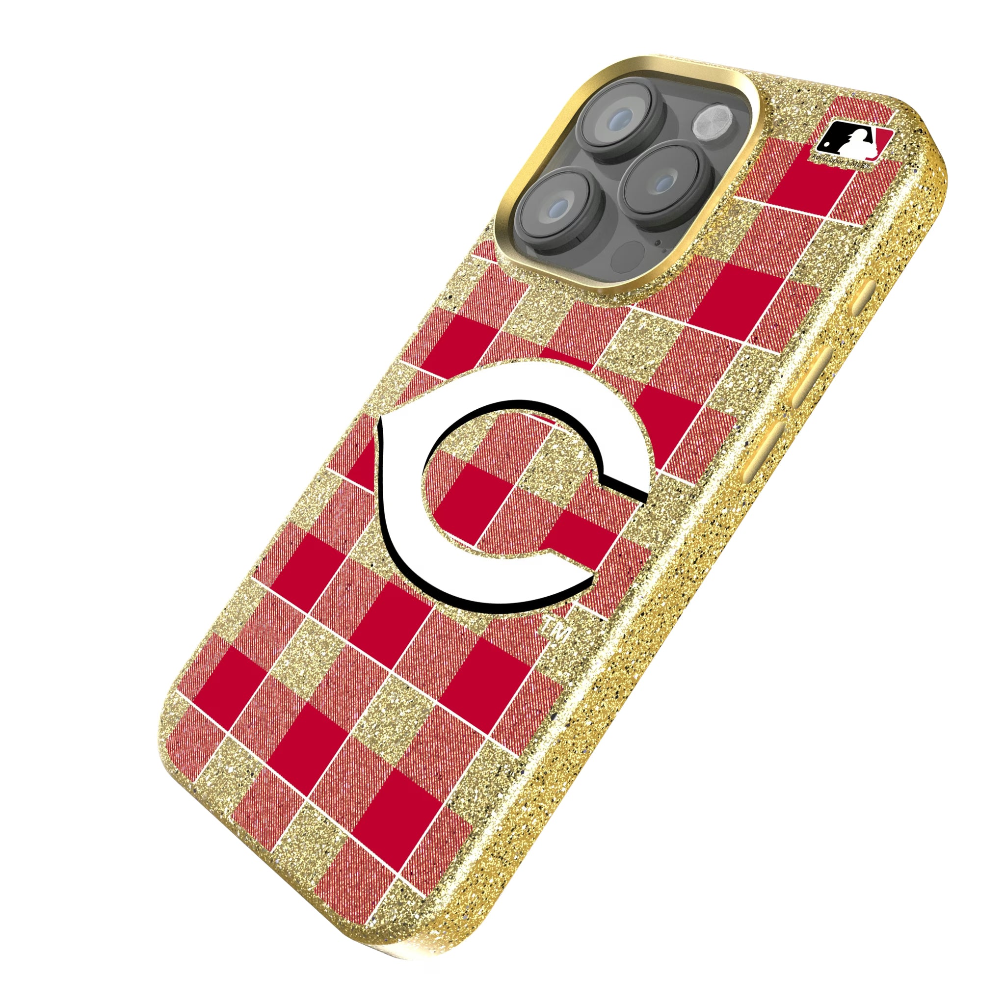 Cincinnati Reds Plaid iPhone Bling Phone Case for Apple iPhone - Isometric View