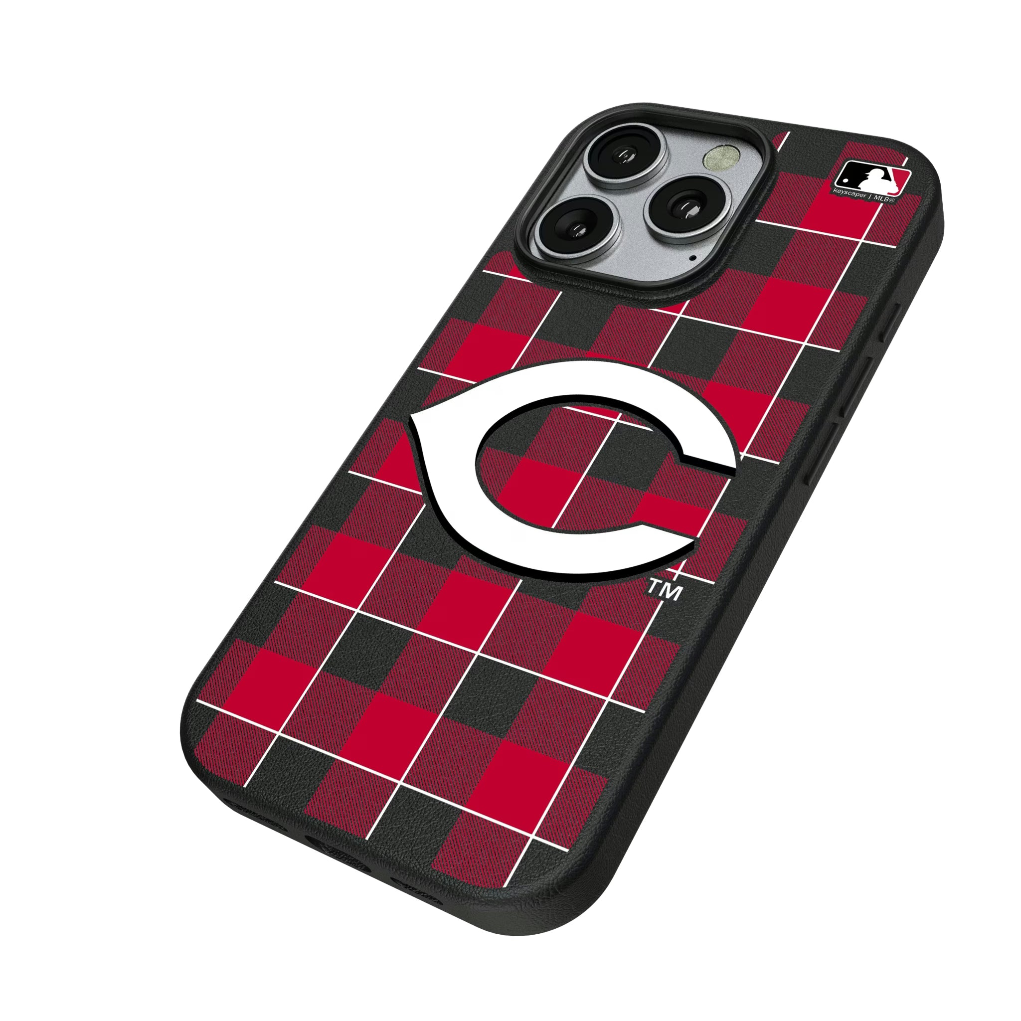 Cincinnati Reds Plaid iPhone MagSafe Compatible Phone Case for Apple iPhone - Isometric View
