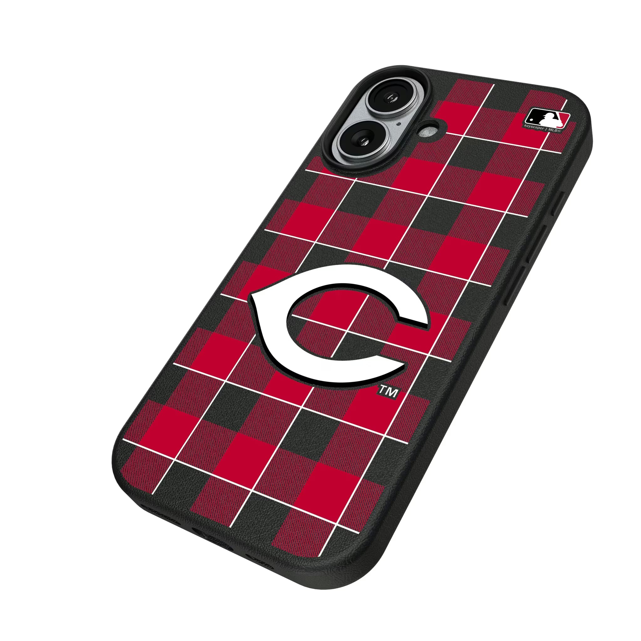 Cincinnati Reds Plaid iPhone MagSafe Compatible Phone Case for Apple iPhone - Isometric View#Device_iPhone 17
