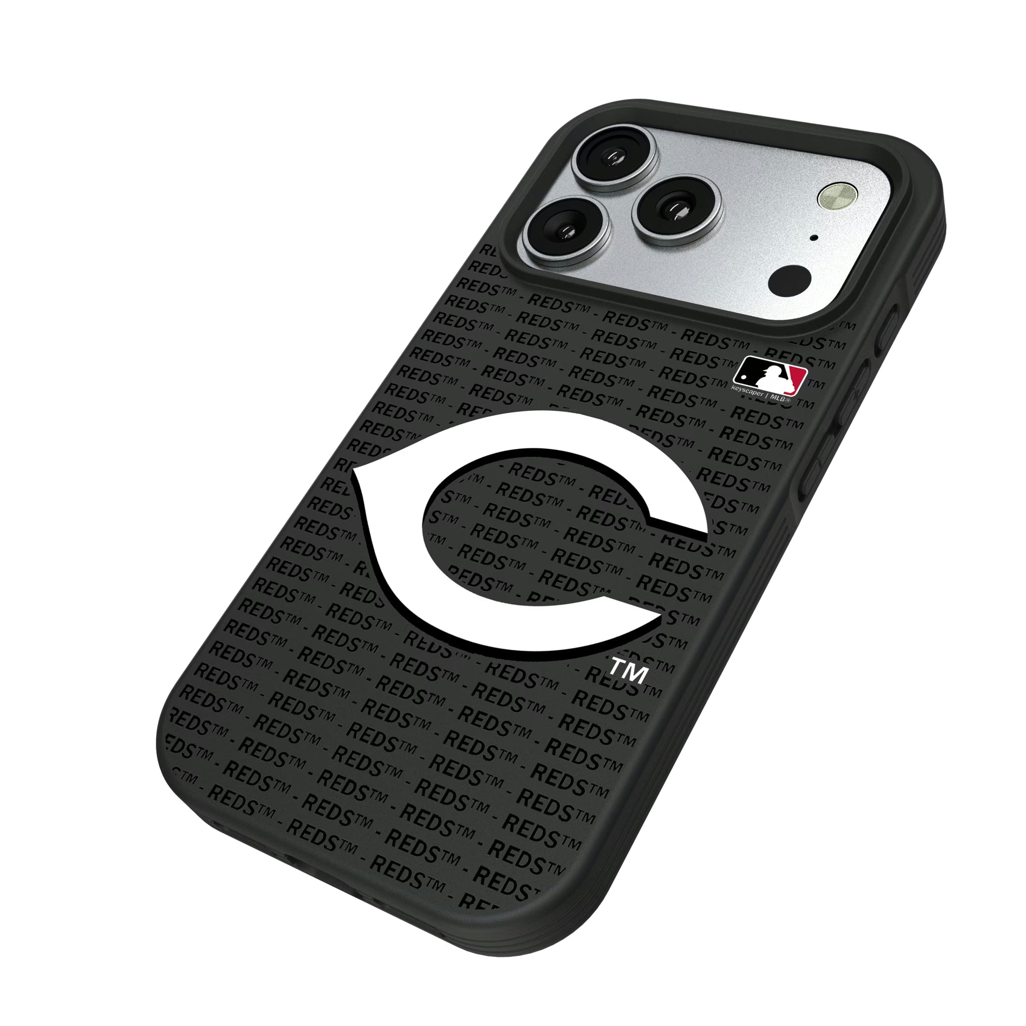 Cincinnati Reds Text Backdrop iPhone Bump Phone Case for Apple iPhone - Isometric View#Device_iPhone 17 Pro