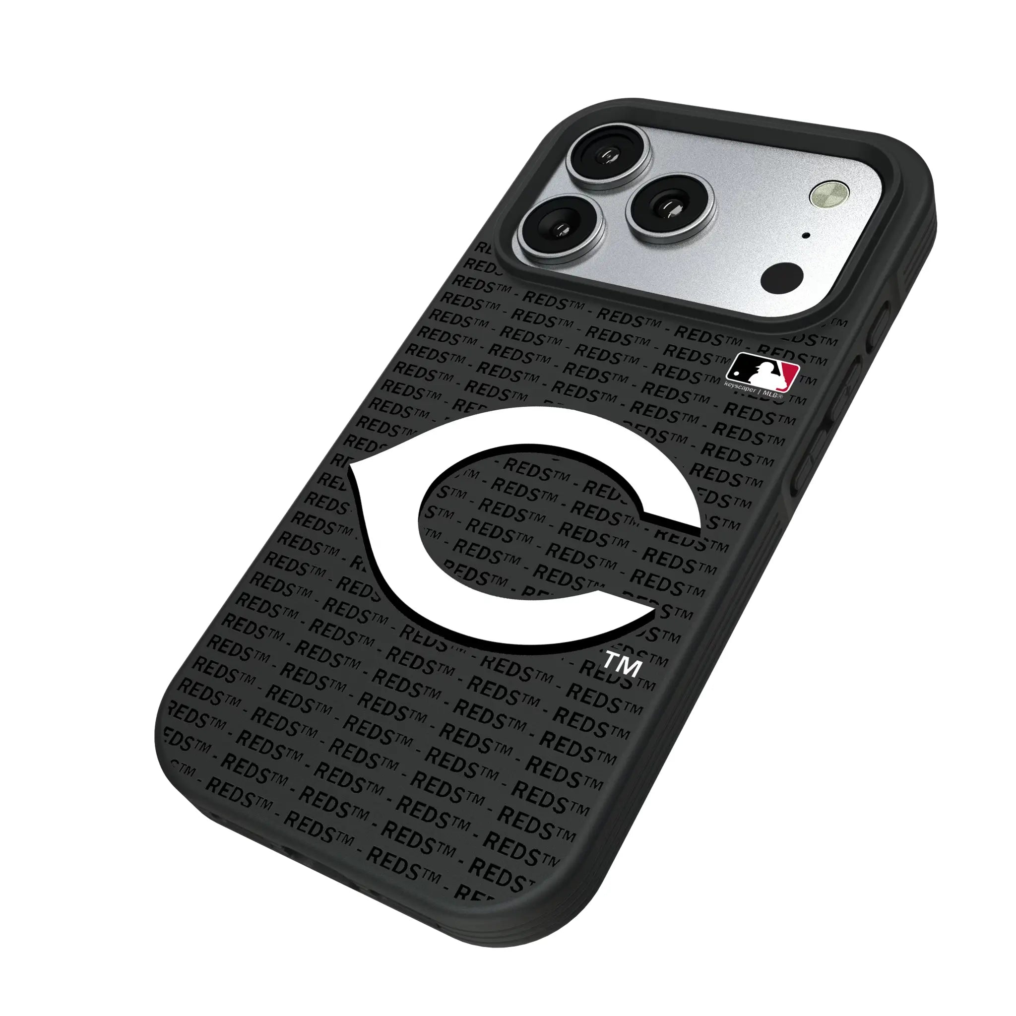 Cincinnati Reds Text Backdrop iPhone Bump Phone Case for Apple iPhone - Isometric View#Device_iPhone 17 Pro