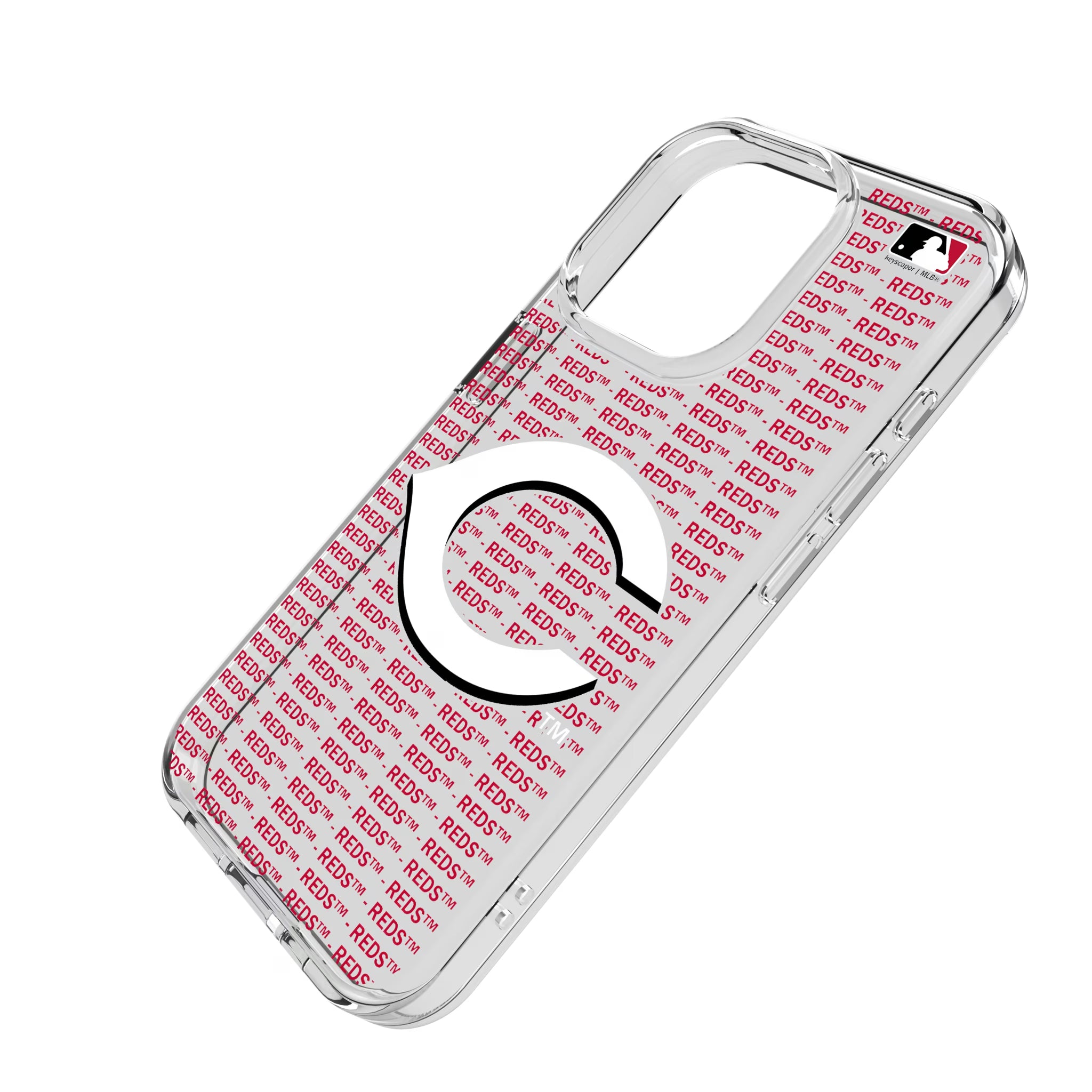 Cincinnati Reds Text Backdrop iPhone Clear Phone Case for Apple iPhone - Isometric View
