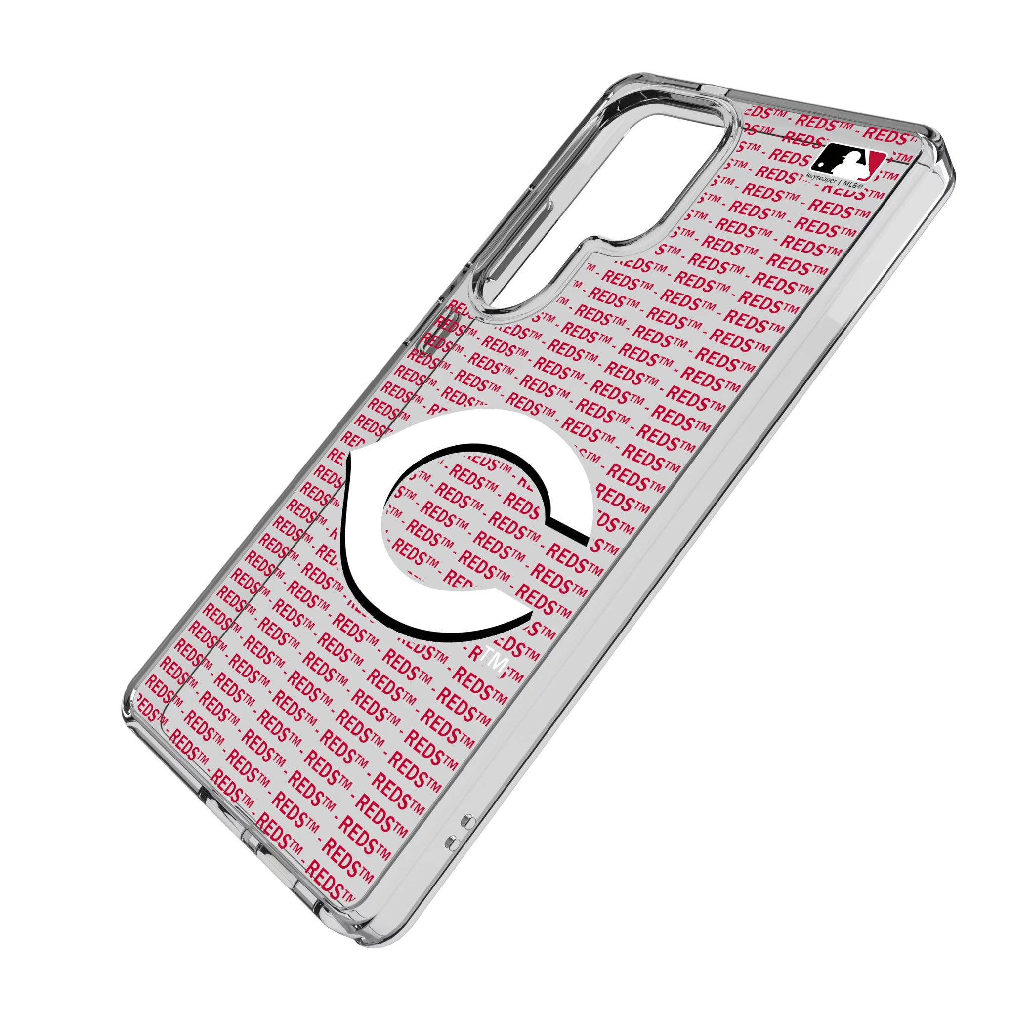 Cincinnati Reds Text Backdrop Galaxy Clear Phone Case for Samsung Galaxy - Isometric View