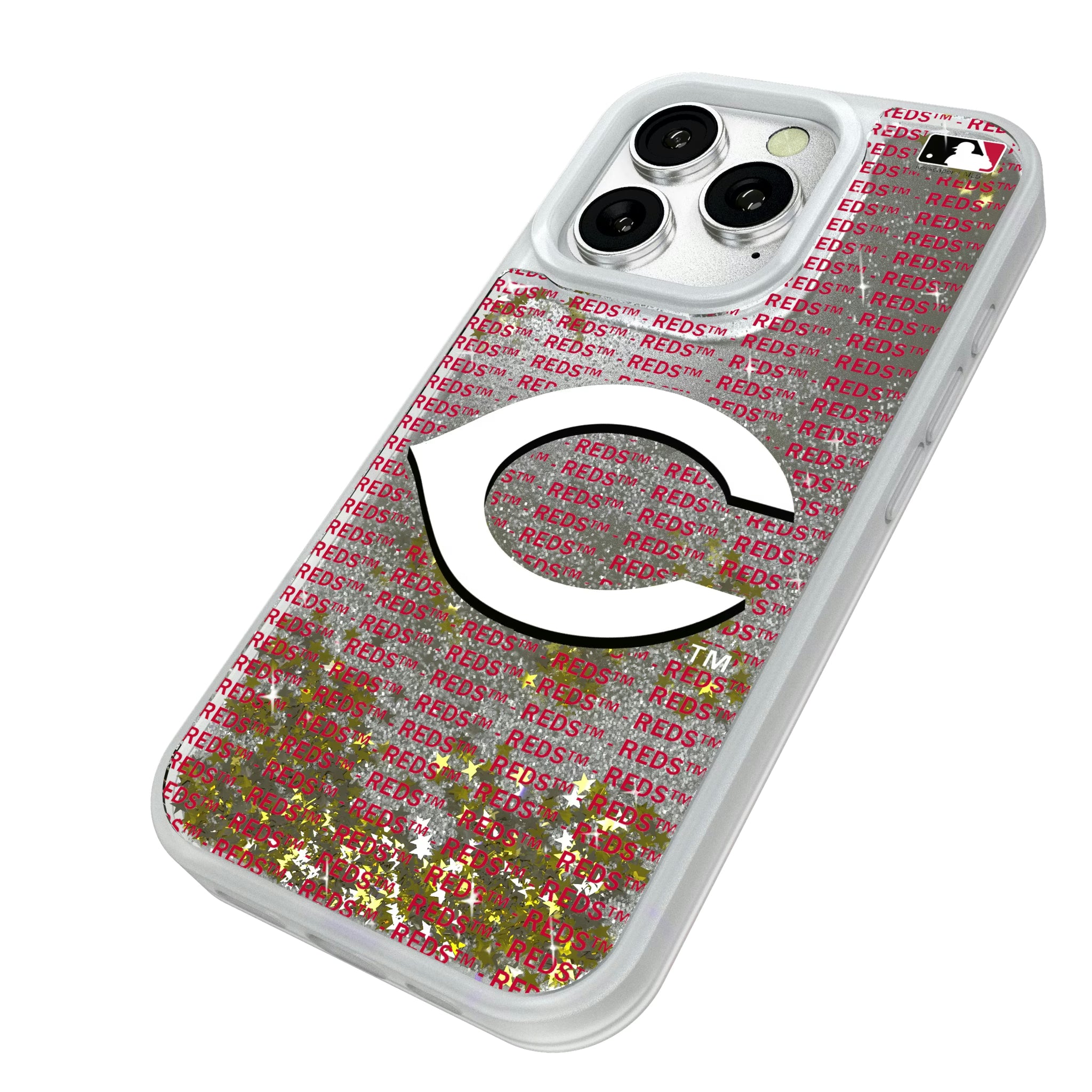 Cincinnati Reds Text Backdrop iPhone Glitter Phone Case for Apple iPhone - Isometric View#Device_iPhone 16 Pro