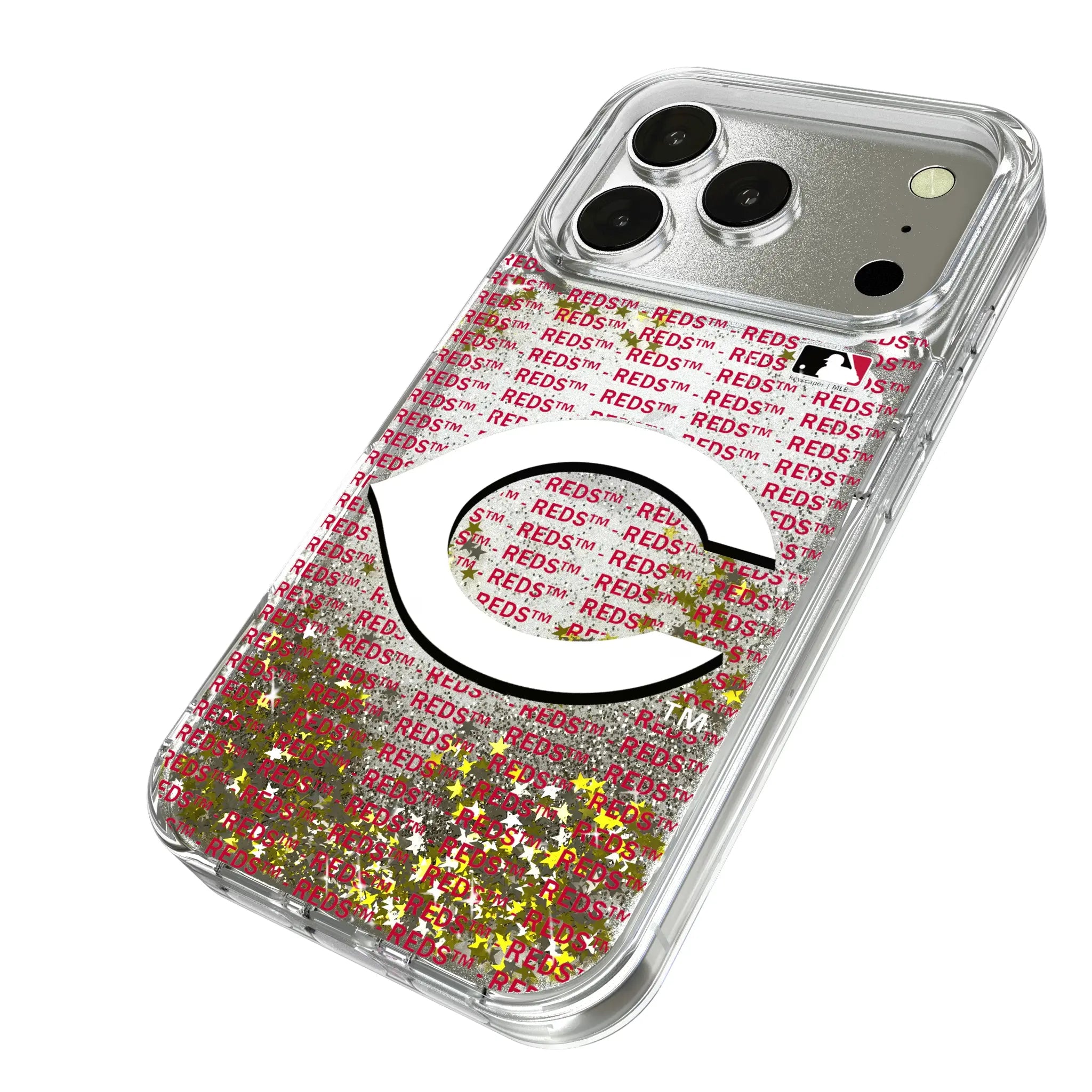 Cincinnati Reds Text Backdrop iPhone Glitter Phone Case for Apple iPhone - Isometric View