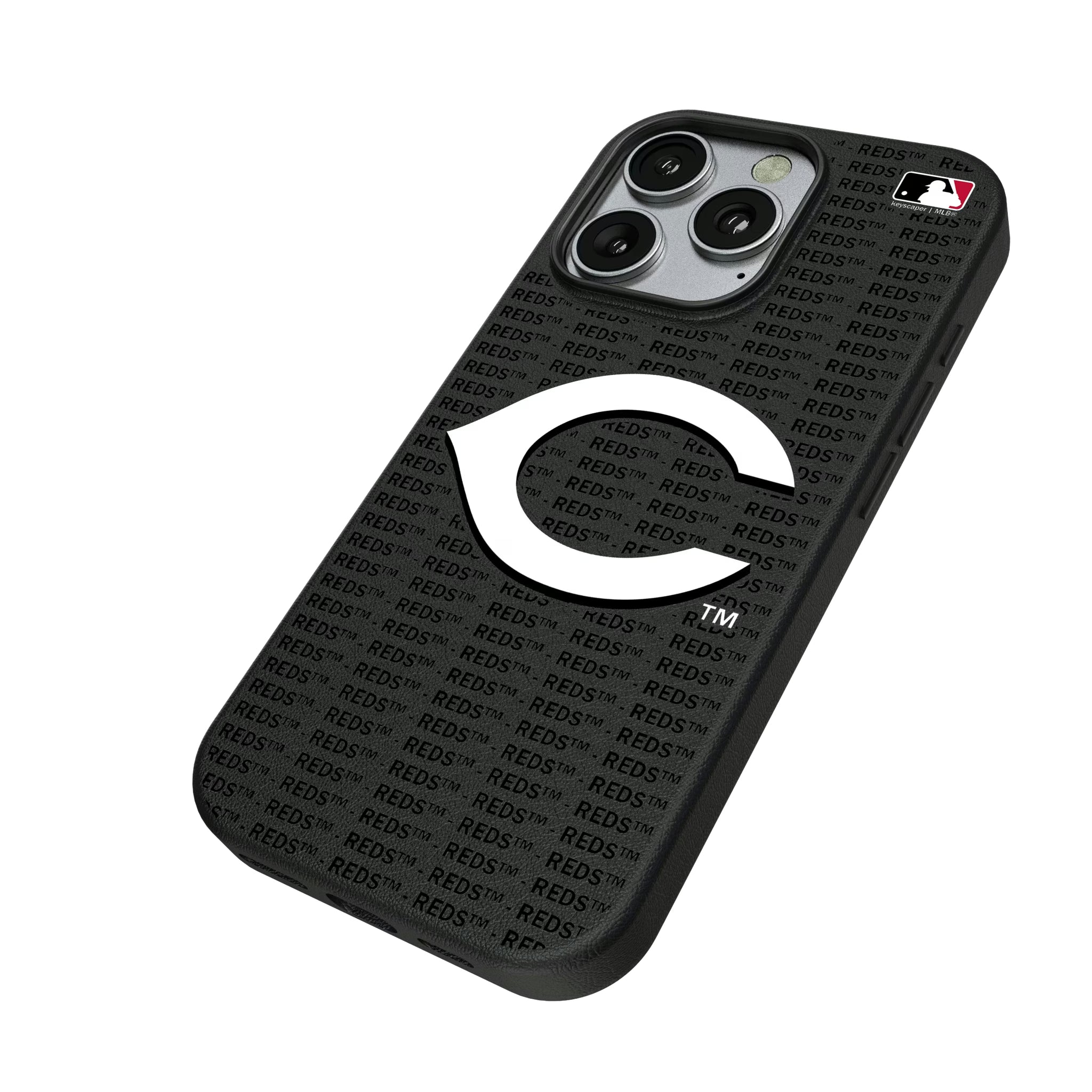 Cincinnati Reds Text Backdrop iPhone MagSafe Compatible Phone Case for Apple iPhone - Isometric View