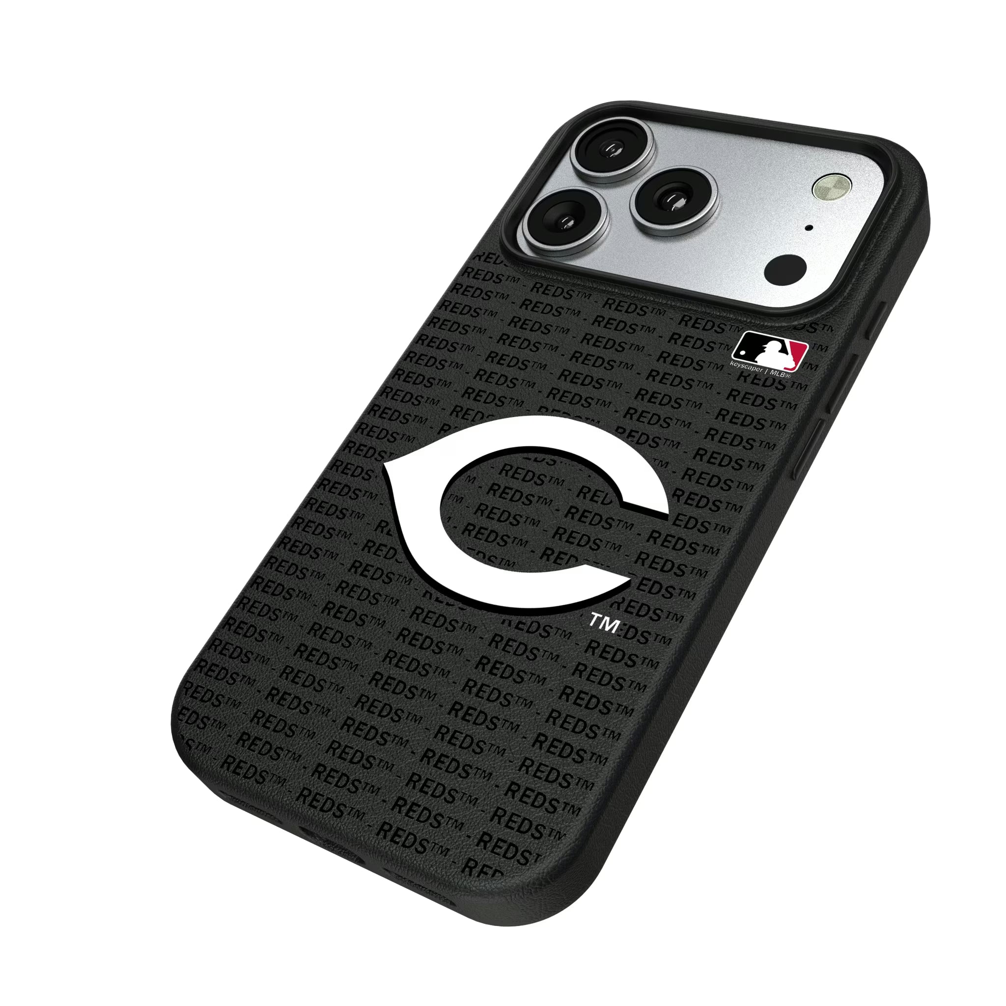 Cincinnati Reds Text Backdrop iPhone MagSafe Compatible Phone Case for Apple iPhone - Isometric View#Device_iPhone 17 Pro