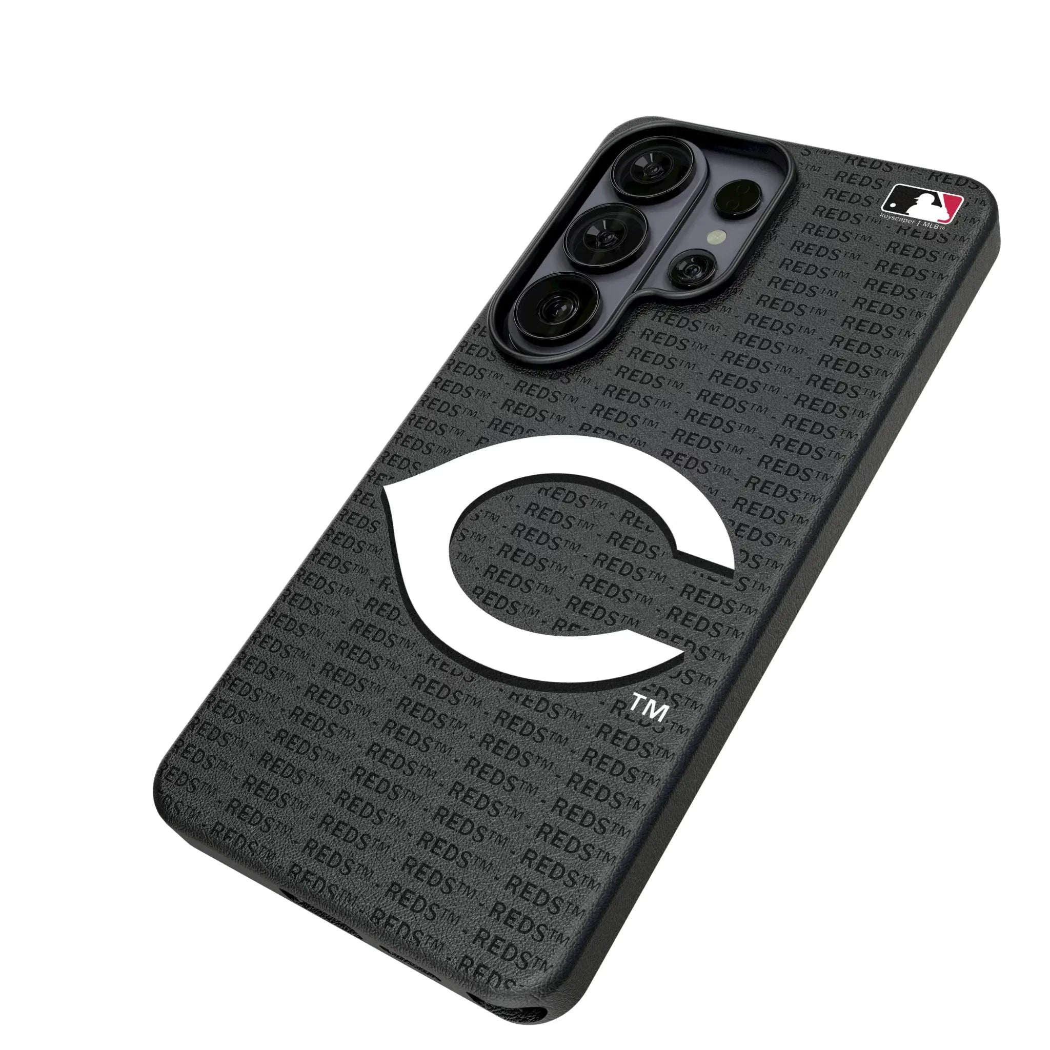 Cincinnati Reds Text Backdrop Galaxy MagSafe Compatible Phone Case for Samsung Galaxy - Isometric View#Device_Galaxy S26 Ultra