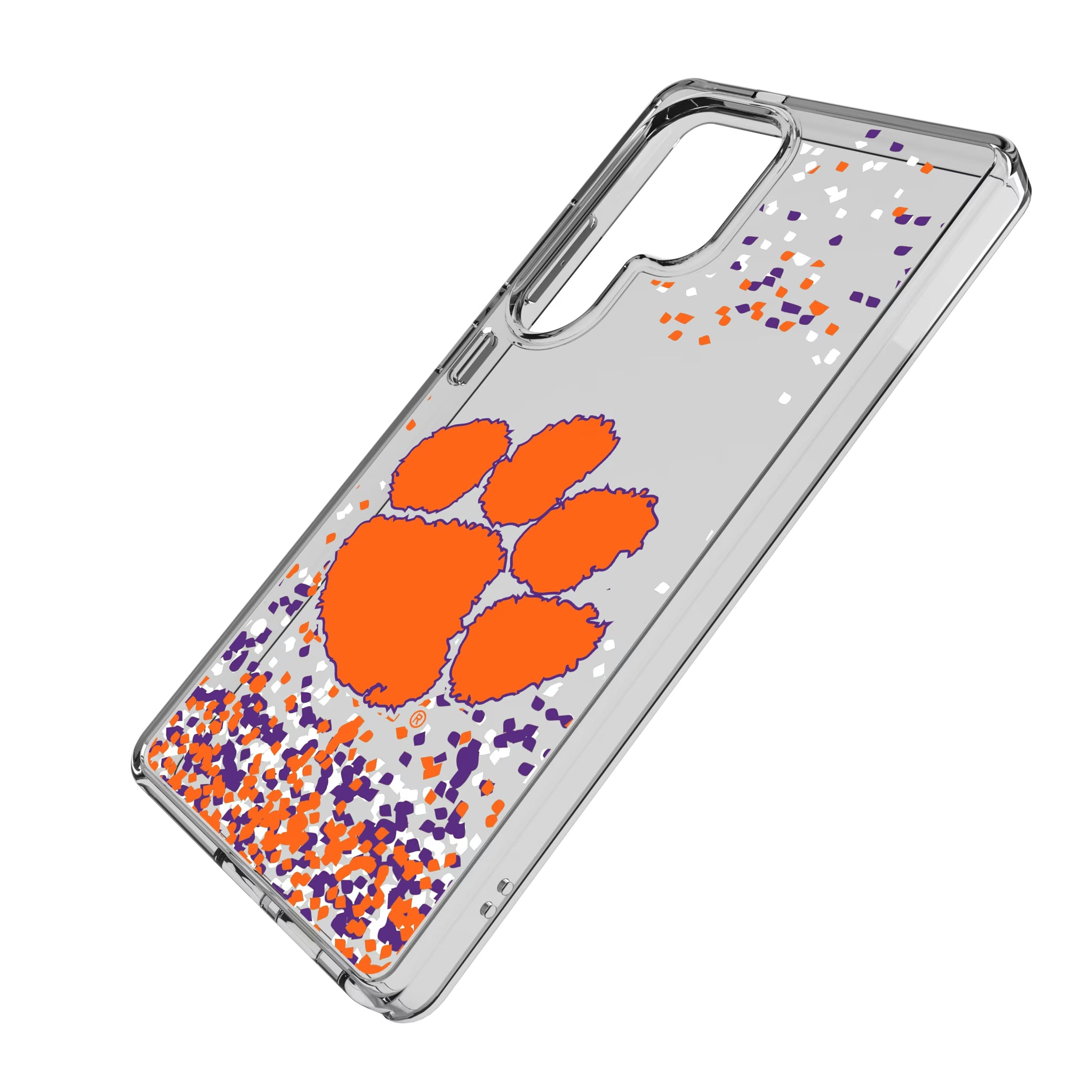 Clemson University Tigers Confetti Galaxy Clear Phone Case for Samsung Galaxy - Isometric View