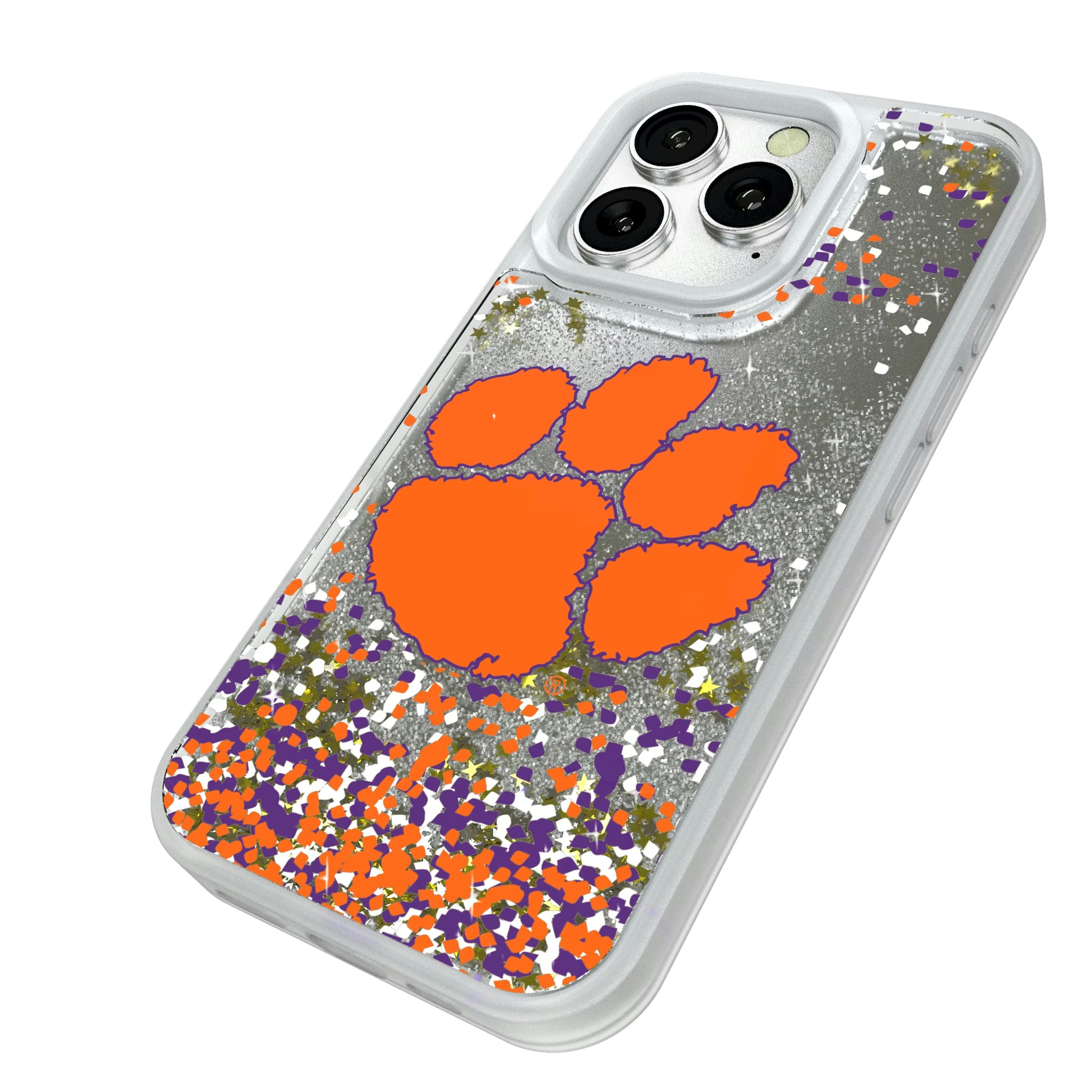 Clemson University Tigers Confetti iPhone Glitter Phone Case for Apple iPhone - Isometric View#Device_iPhone 16 Pro