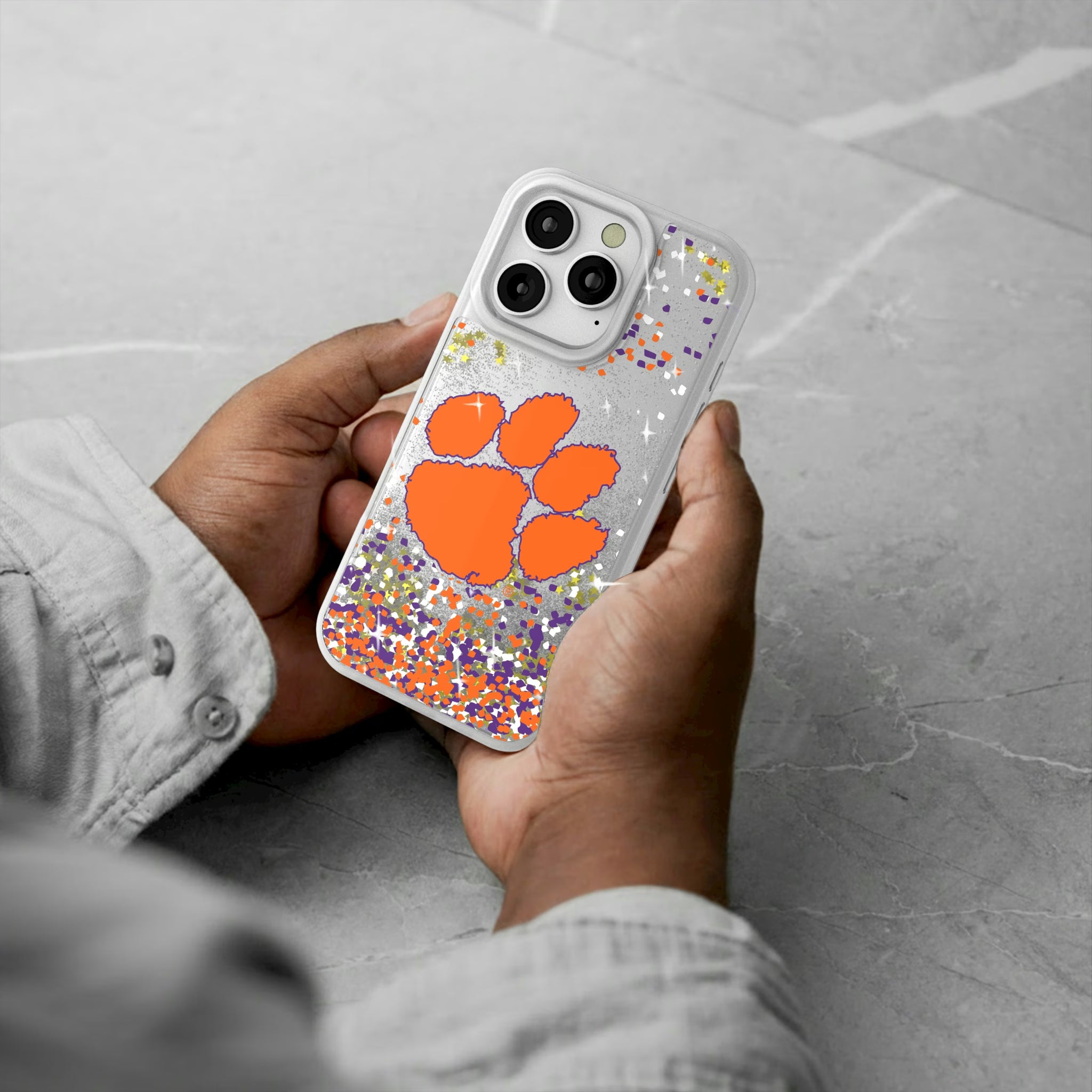 Clemson University Tigers Confetti iPhone Glitter Phone Case for Apple iPhone - Lifestyle#Device_iPhone 16 Pro