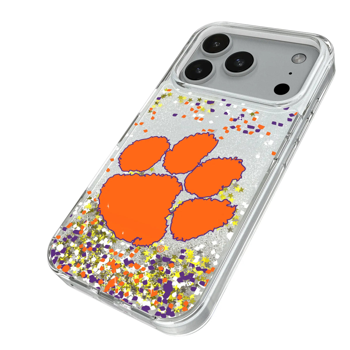 Clemson University Tigers Confetti iPhone Glitter Phone Case for Apple iPhone - Isometric View#Device_iPhone 18 Pro