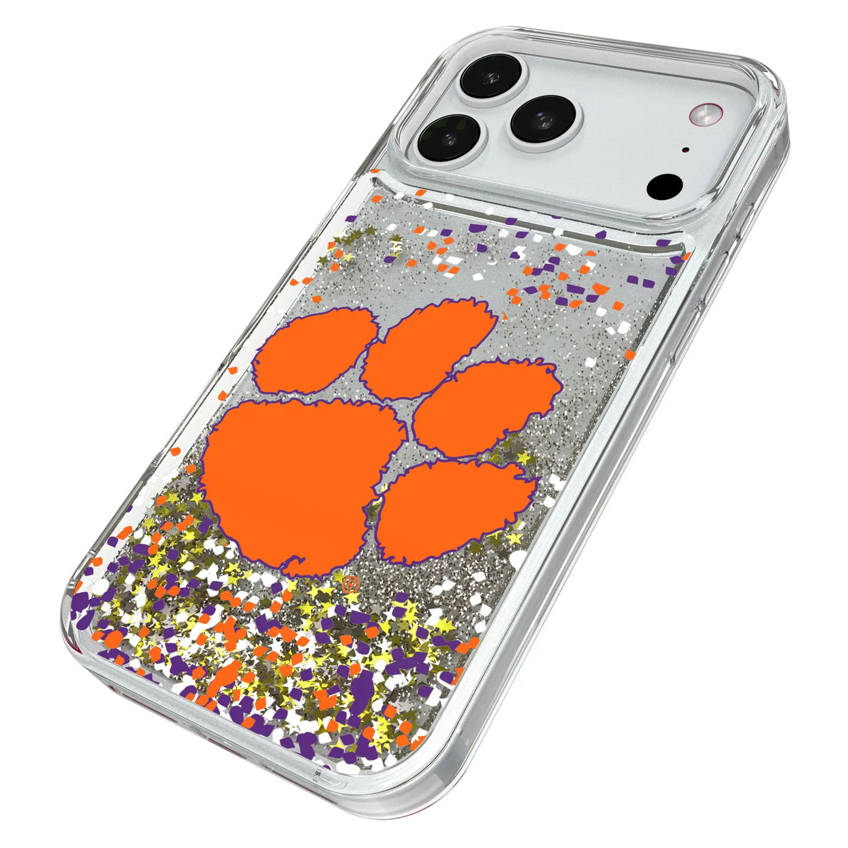 Clemson University Tigers Confetti iPhone Glitter Phone Case for Apple iPhone - Isometric View#Device_iPhone 18 Pro Max