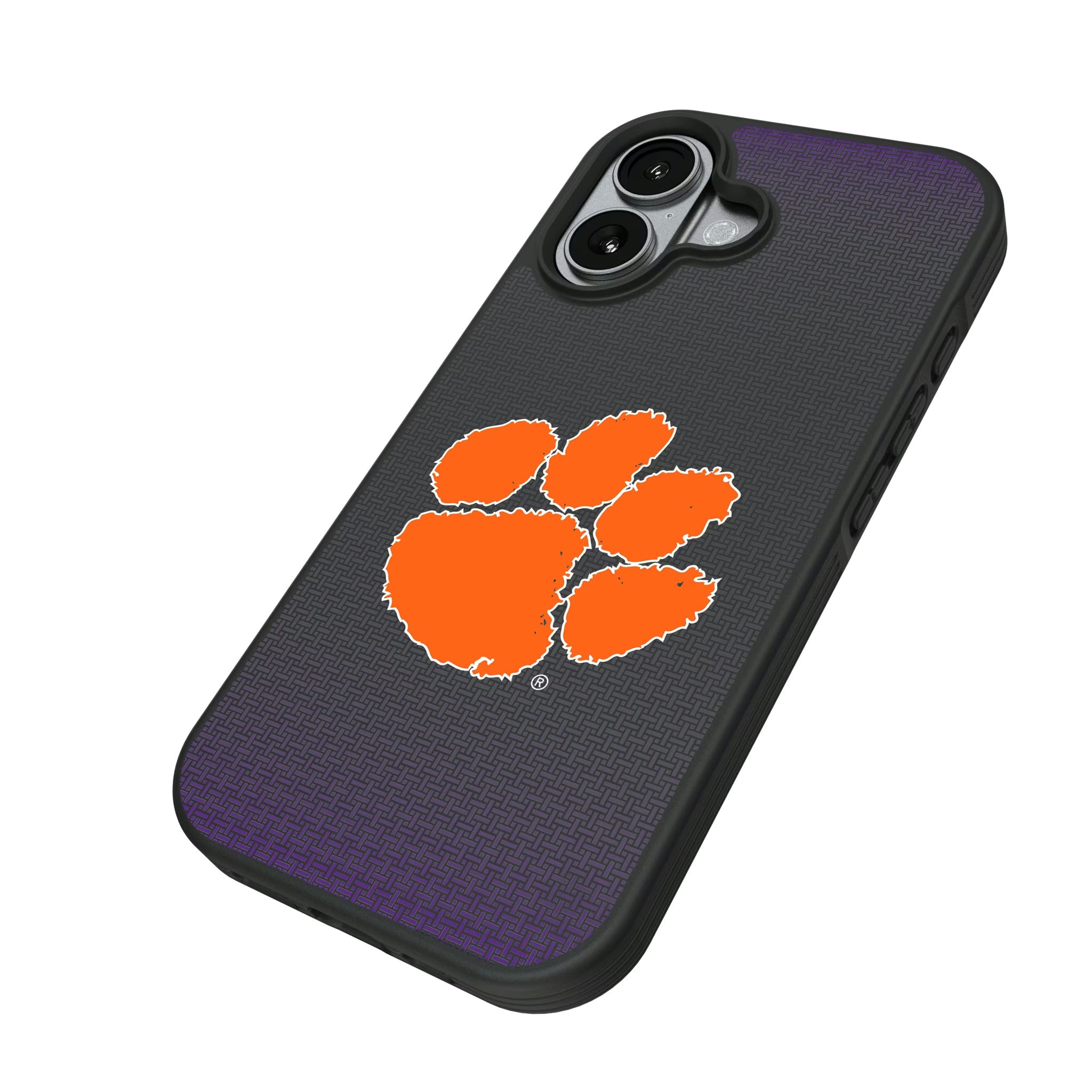 Clemson University Tigers Linen iPhone Bump Phone Case for Apple iPhone - Isometric View#Device_iPhone 17