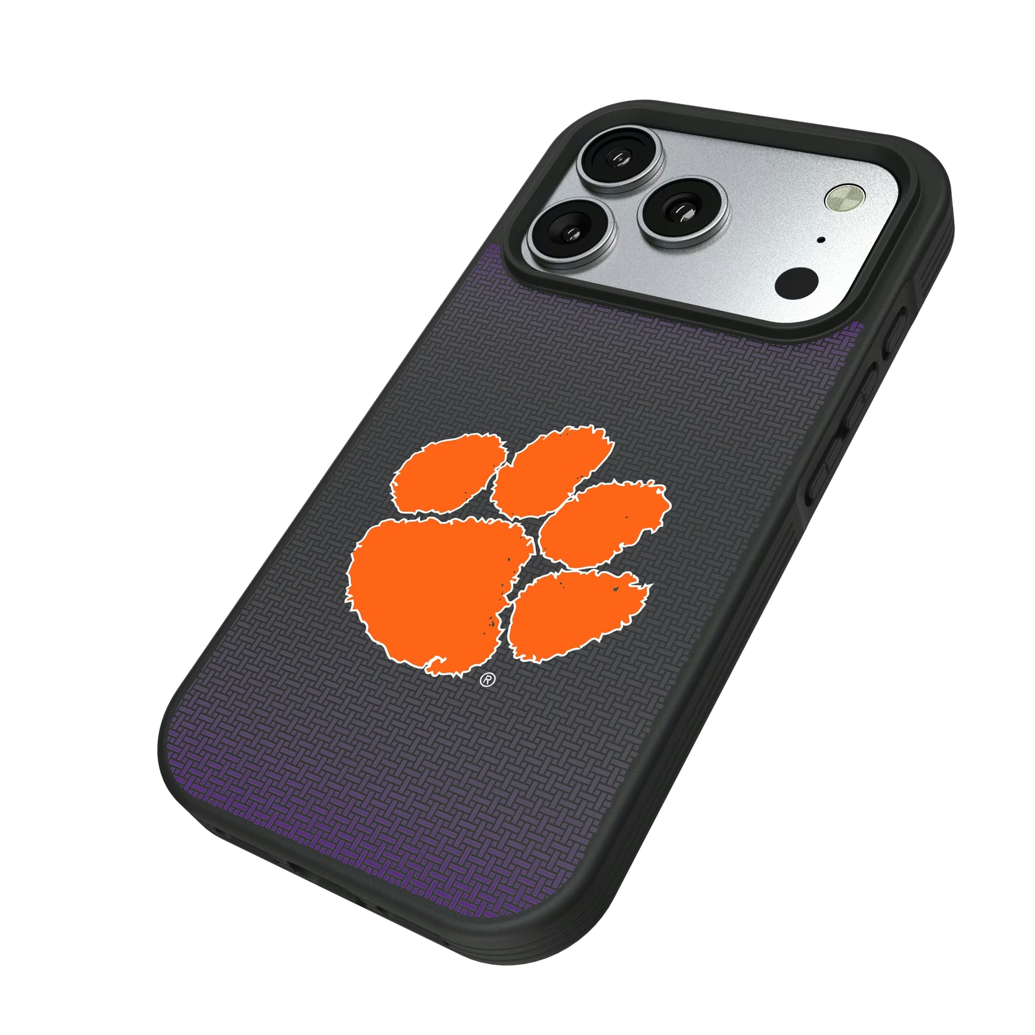 Clemson University Tigers Linen iPhone Bump Phone Case for Apple iPhone - Isometric View#Device_iPhone 17 Pro
