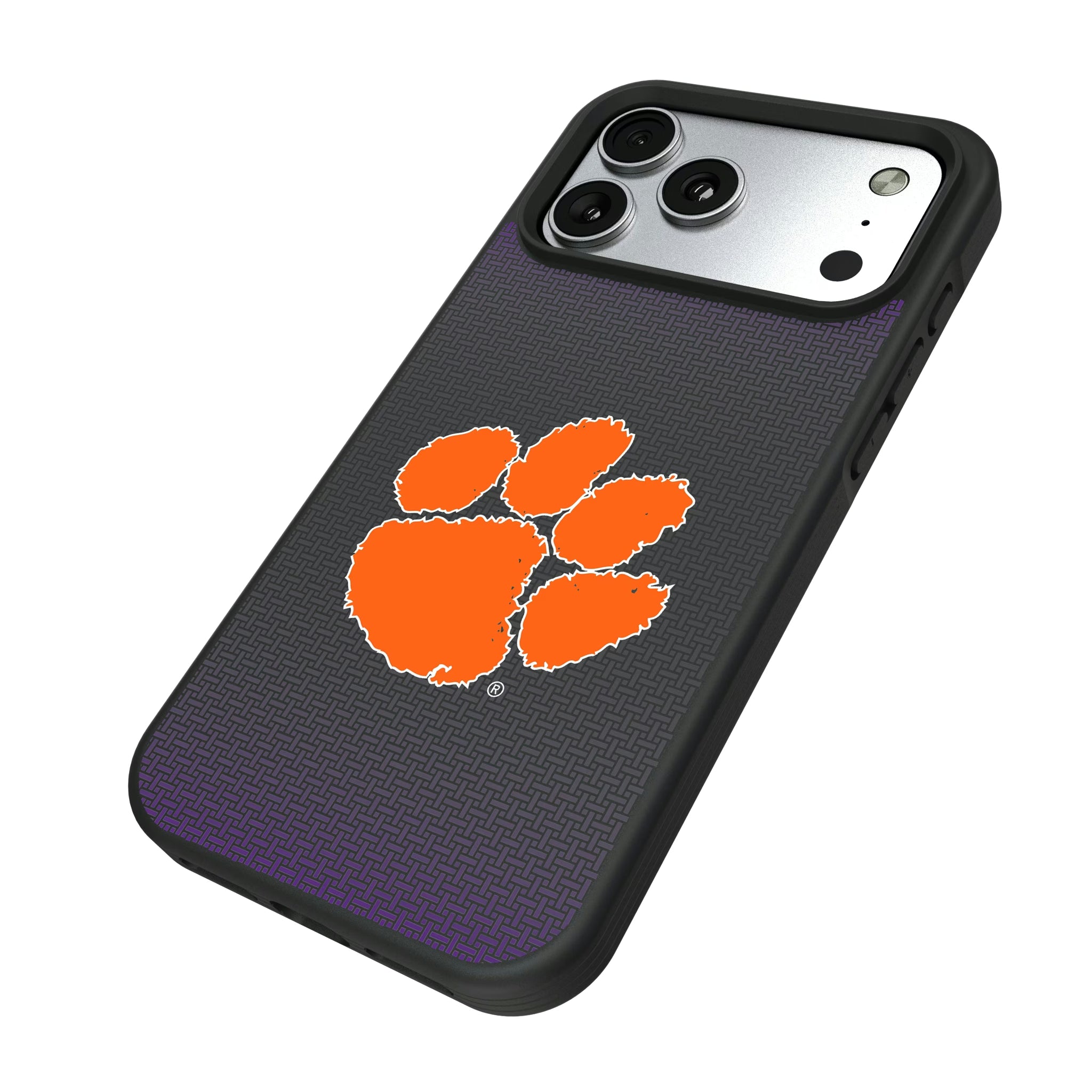 Clemson University Tigers Linen iPhone Bump Phone Case for Apple iPhone - Isometric View#Device_iPhone 17 Pro Max