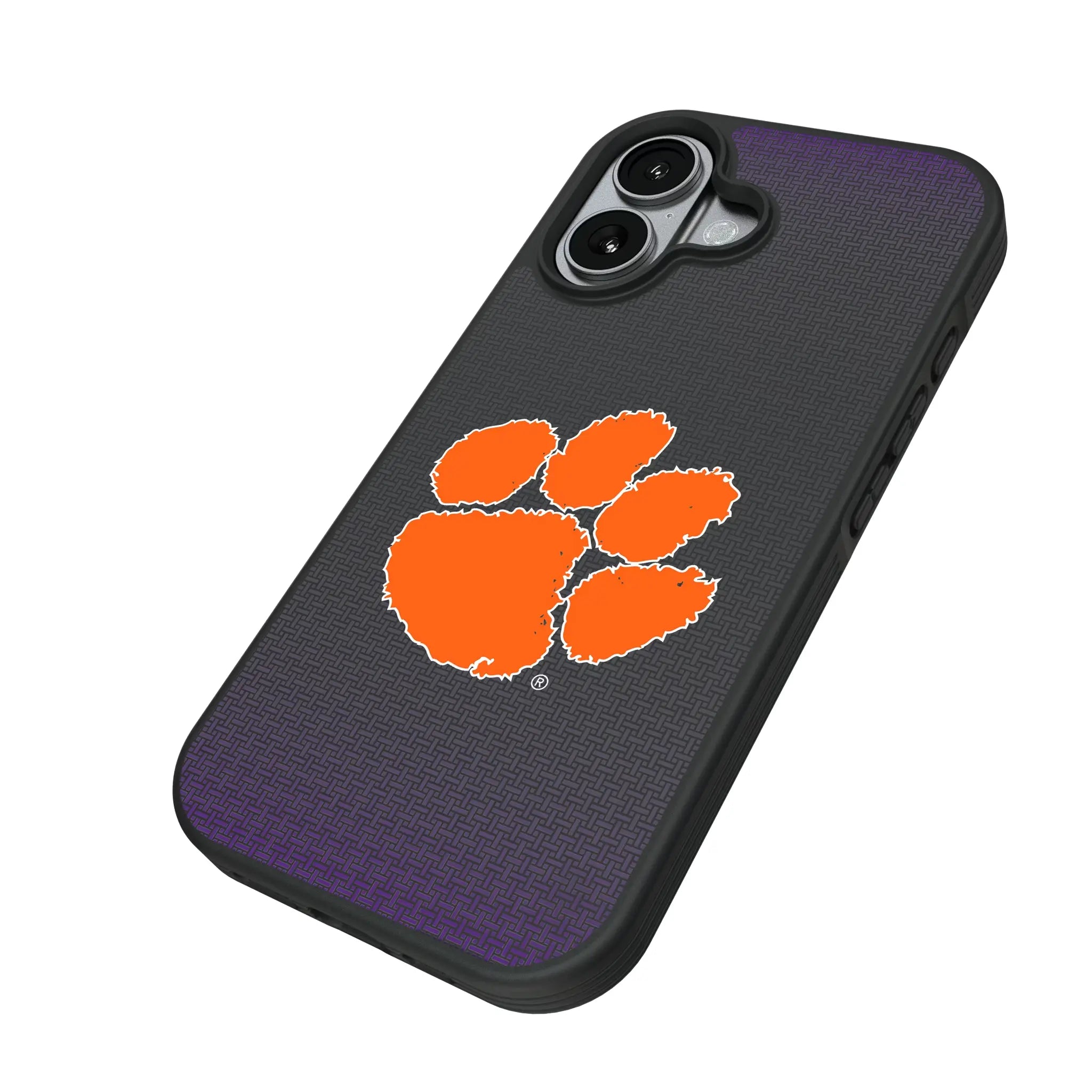 Clemson University Tigers Linen iPhone Bump Phone Case for Apple iPhone - Isometric View#Device_iPhone 17