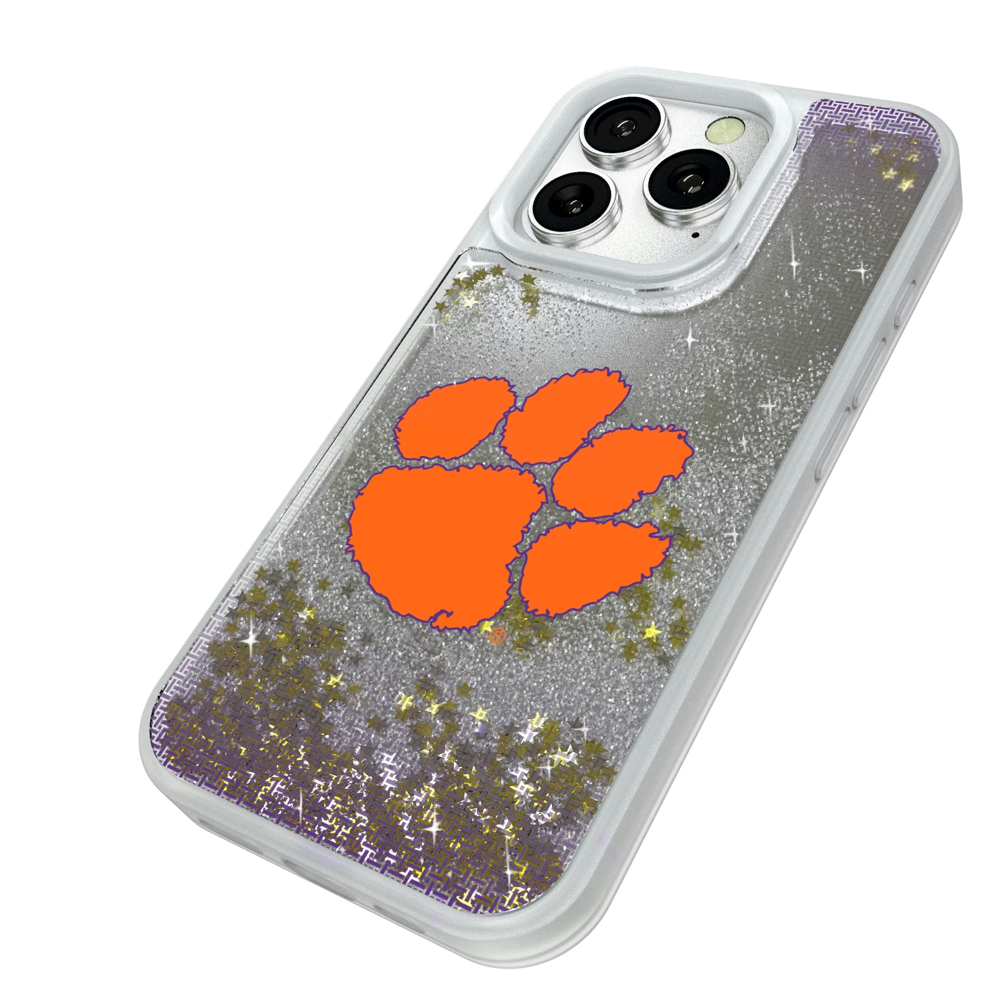 Clemson University Tigers Linen iPhone Glitter Phone Case for Apple iPhone - Isometric View#Device_iPhone 16 Pro