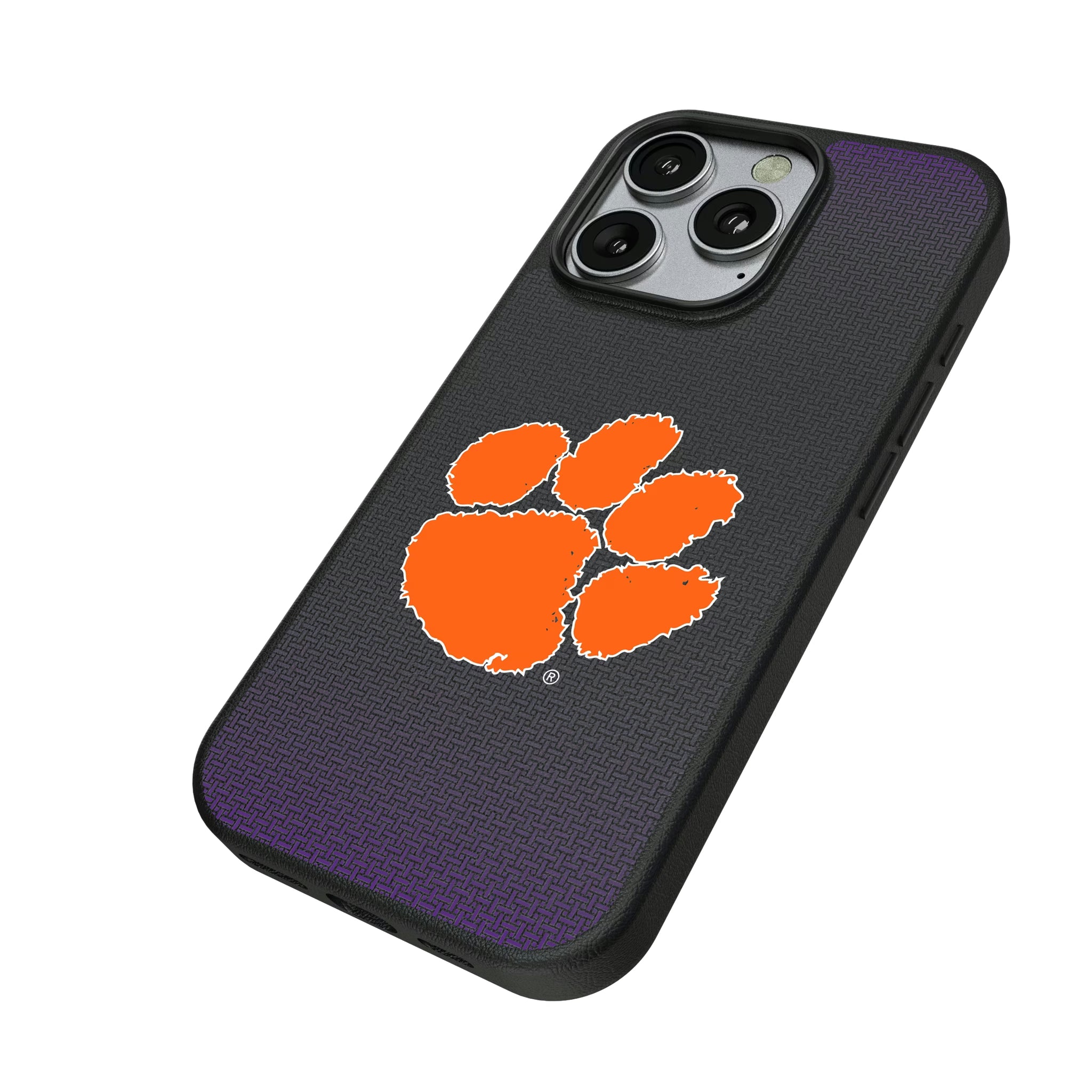 Clemson University Tigers Linen iPhone MagSafe Compatible Phone Case for Apple iPhone - Isometric View