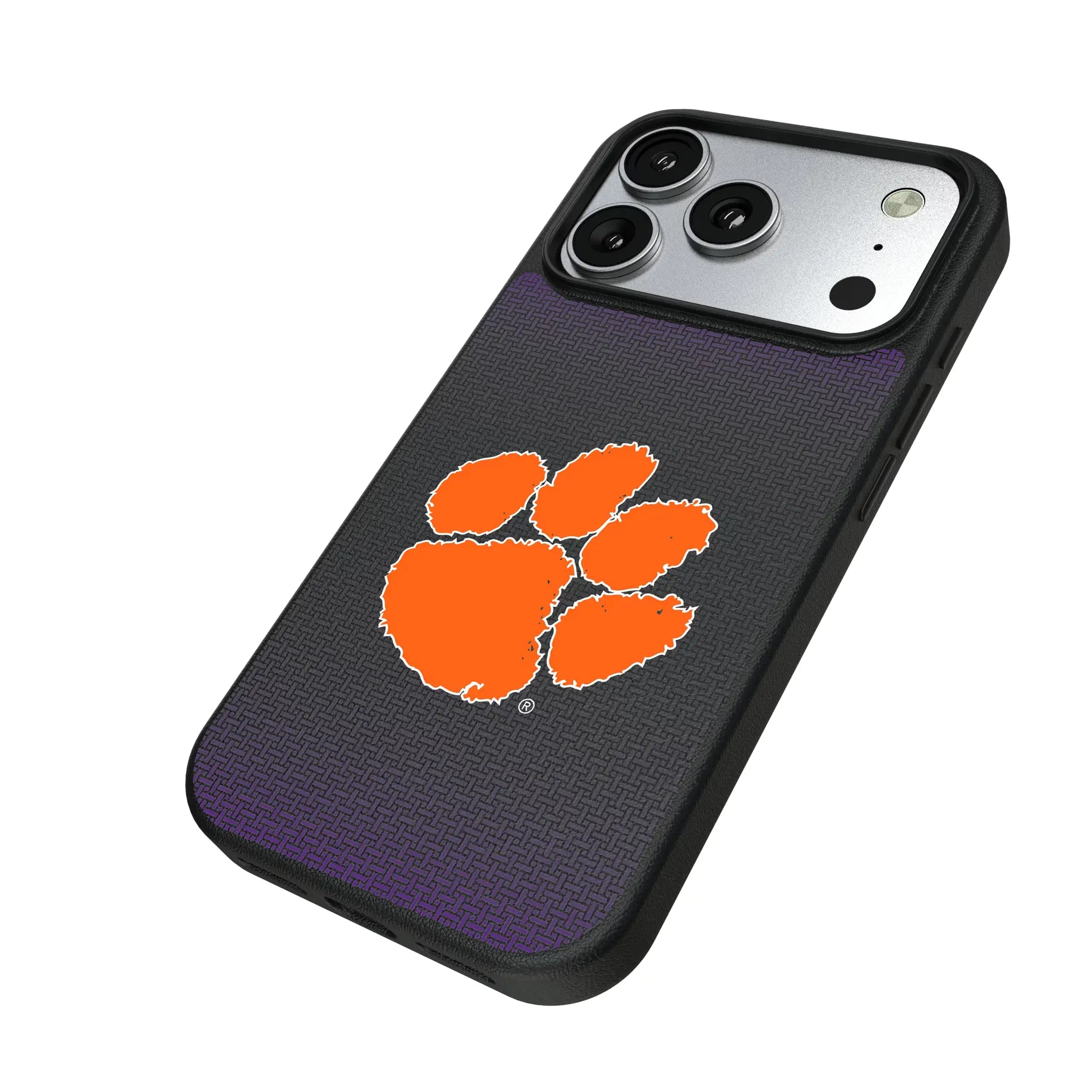 Clemson University Tigers Linen iPhone MagSafe Compatible Phone Case for Apple iPhone - Isometric View#Device_iPhone 17 Pro