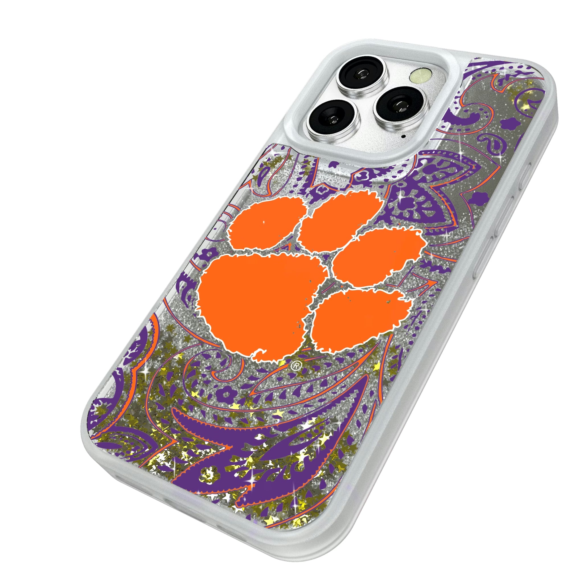 Clemson University Tigers Paisley iPhone Glitter Phone Case for Apple iPhone - Isometric View#Device_iPhone 16 Pro