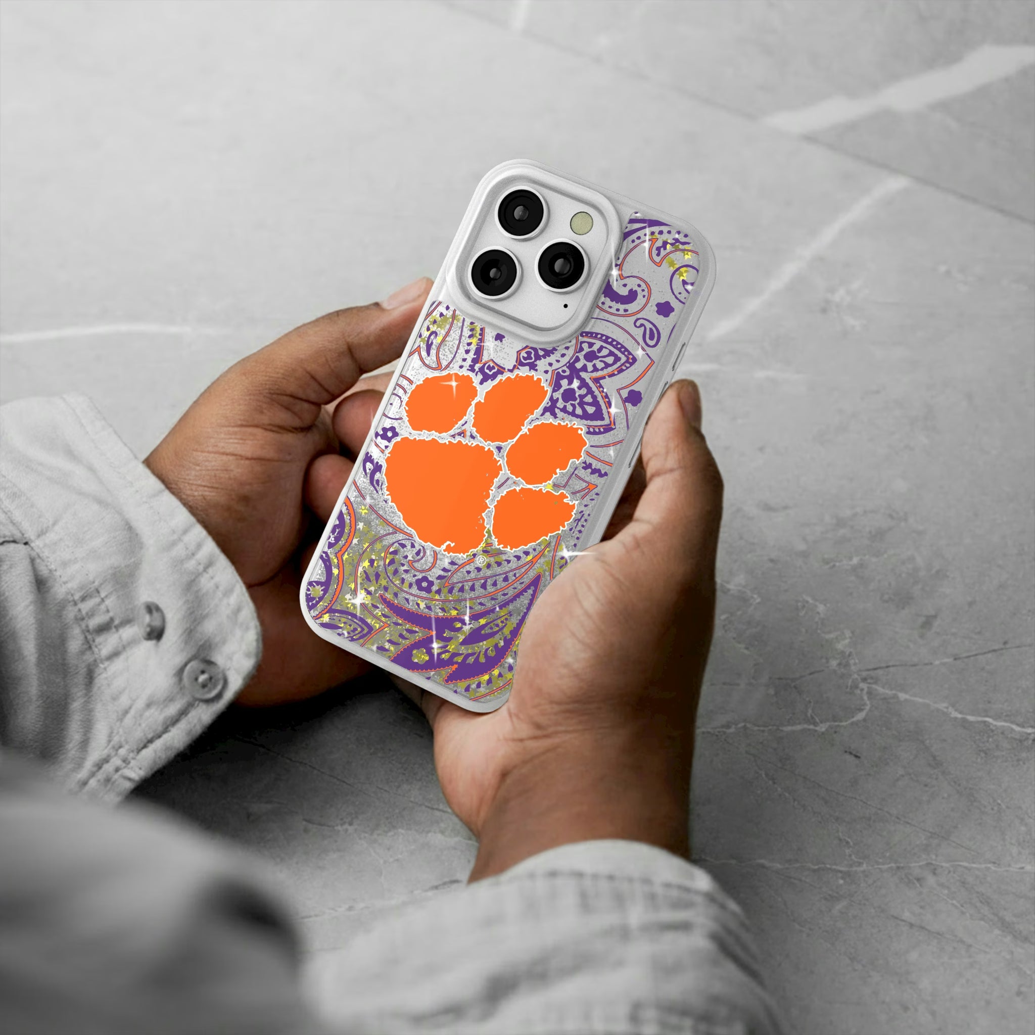 Clemson University Tigers Paisley iPhone Glitter Phone Case for Apple iPhone - Lifestyle#Device_iPhone 16 Pro