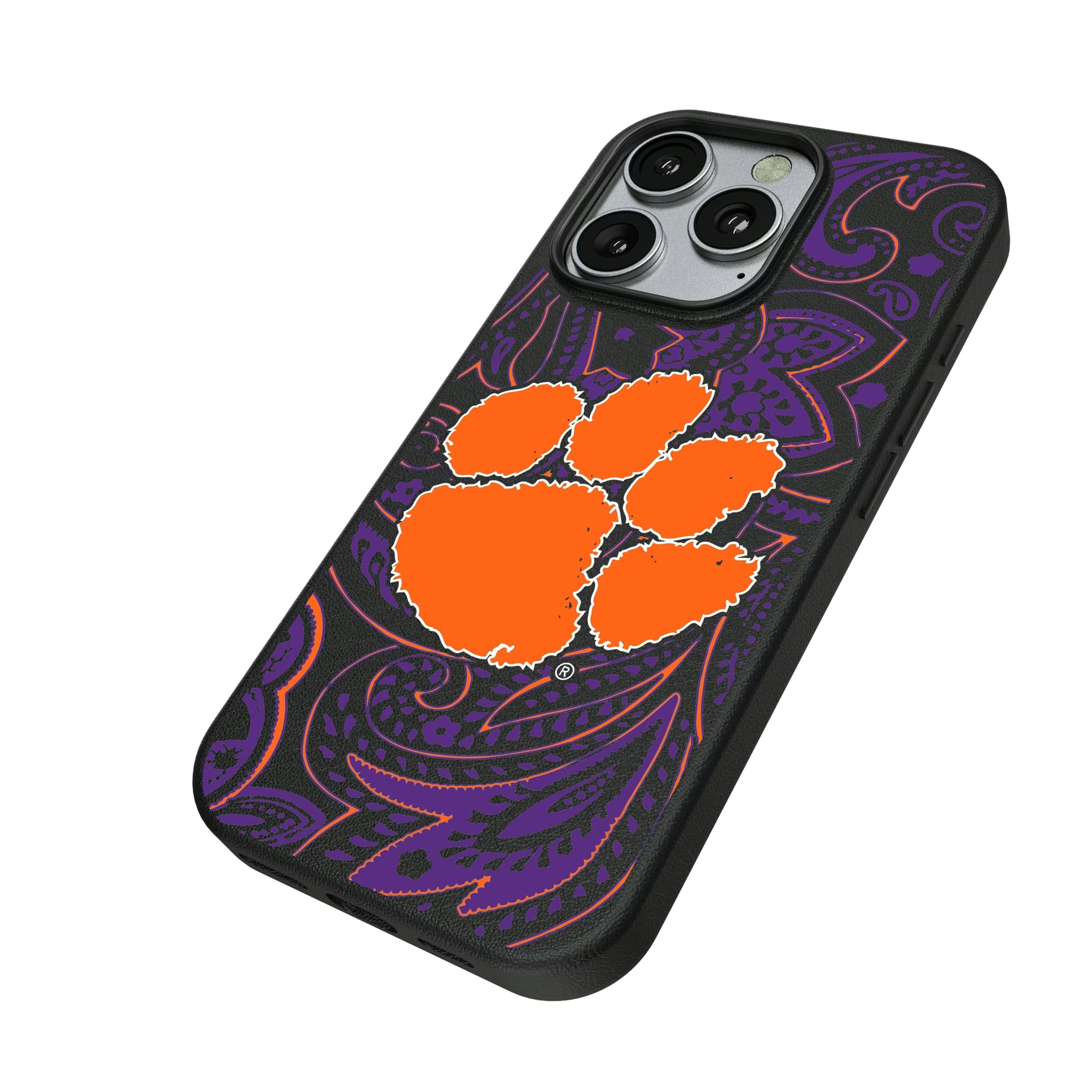 Clemson University Tigers Paisley iPhone MagSafe Compatible Phone Case for Apple iPhone - Isometric View