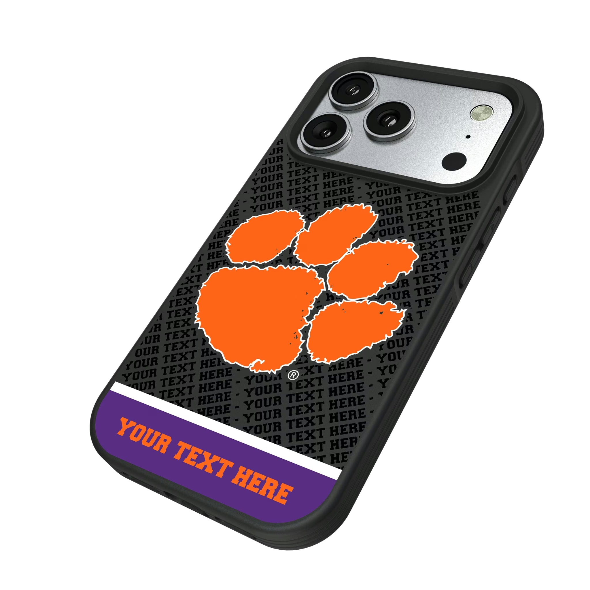 Clemson University Tigers Personalized EndZone Plus iPhone Bump Phone Case for Apple iPhone - Isometric View#Device_iPhone 17 Pro