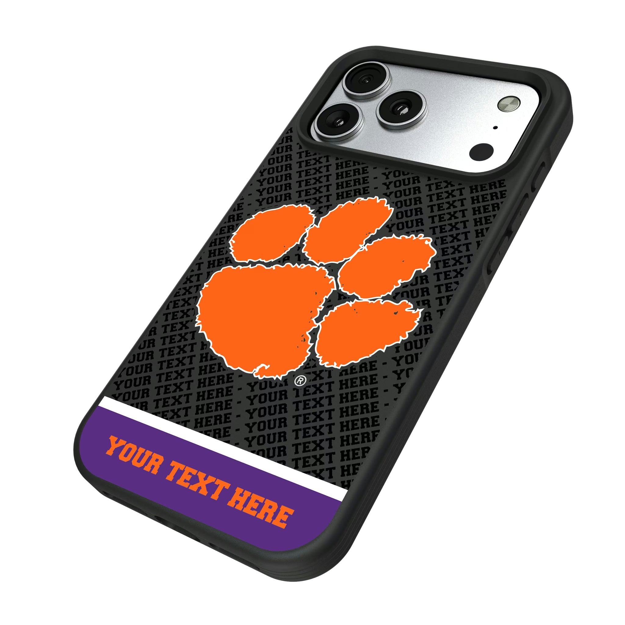 Clemson University Tigers Personalized EndZone Plus iPhone Bump Phone Case for Apple iPhone - Isometric View#Device_iPhone 17 Pro Max