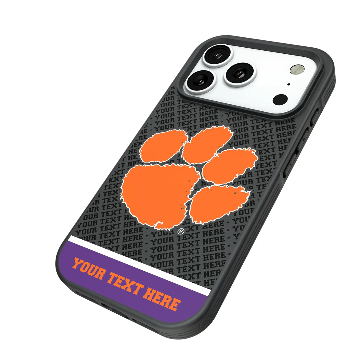 Clemson University Tigers Personalized EndZone Plus iPhone Bump Phone Case for Apple iPhone - Isometric View#Device_iPhone 18 Pro