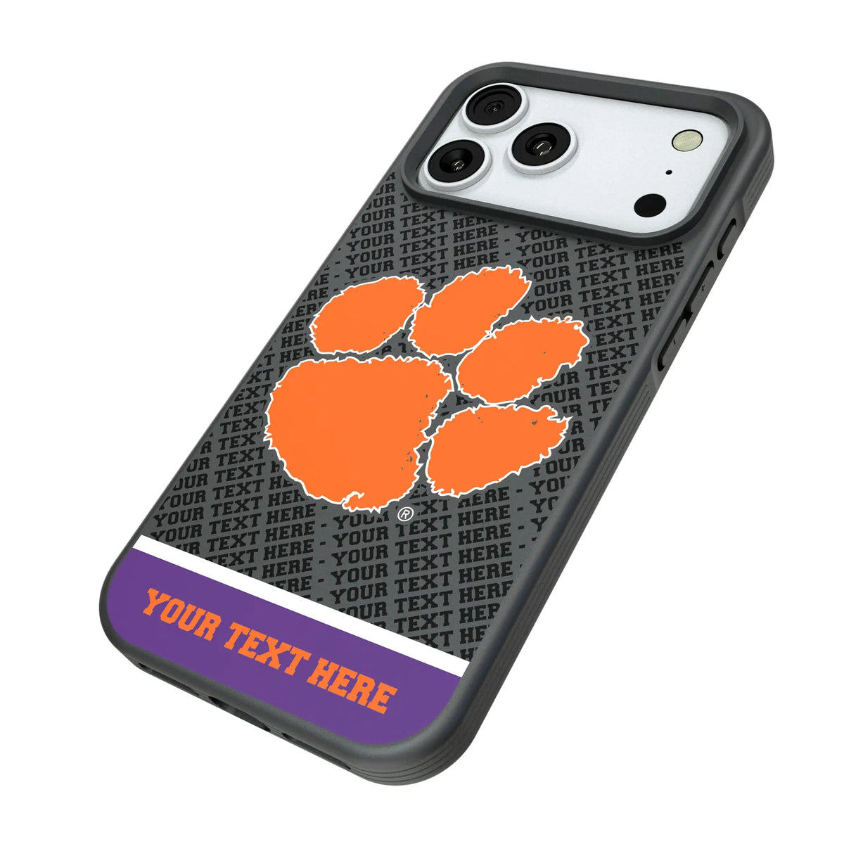 Clemson University Tigers Personalized EndZone Plus iPhone Bump Phone Case for Apple iPhone - Isometric View#Device_iPhone 18 Pro Max