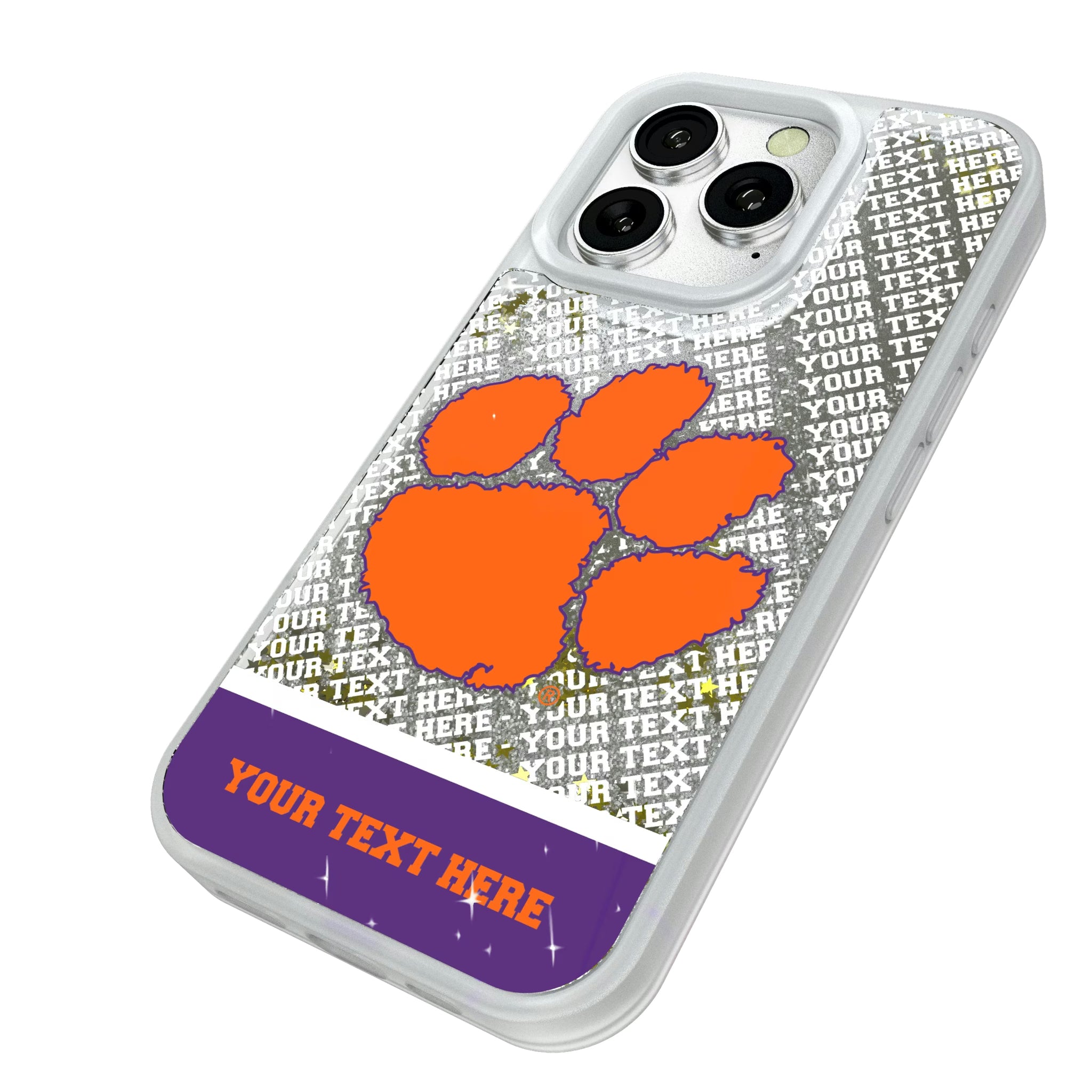 Clemson University Tigers Personalized EndZone Plus iPhone Glitter Phone Case for Apple iPhone - Isometric View#Device_iPhone 16 Pro