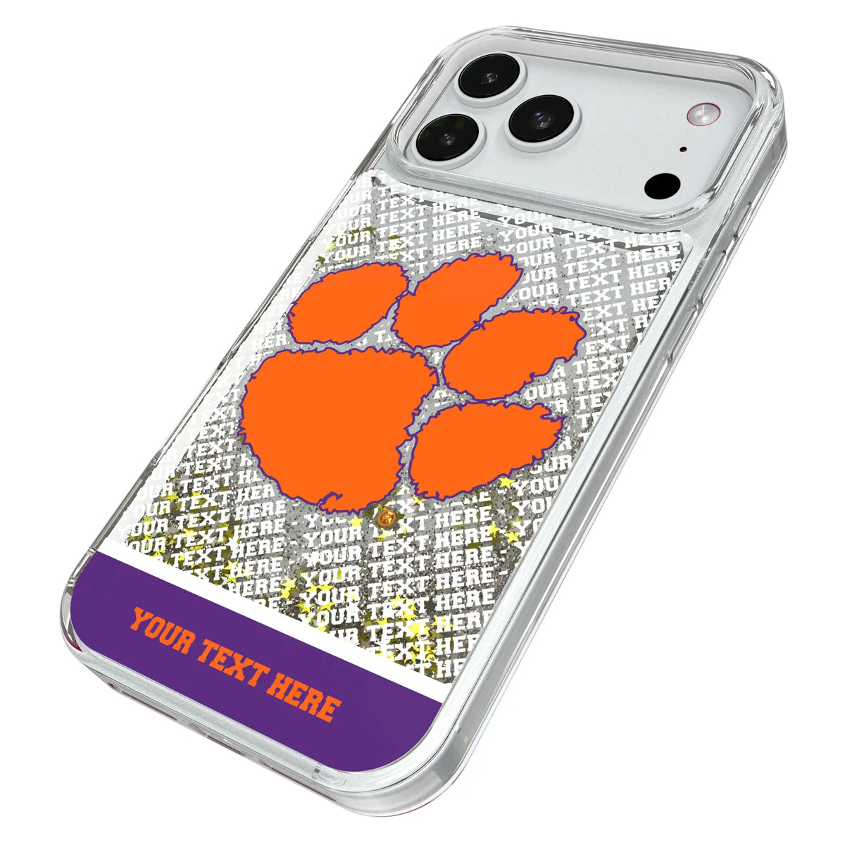 Clemson University Tigers Personalized EndZone Plus iPhone Glitter Phone Case for Apple iPhone - Isometric View#Device_iPhone 18 Pro Max