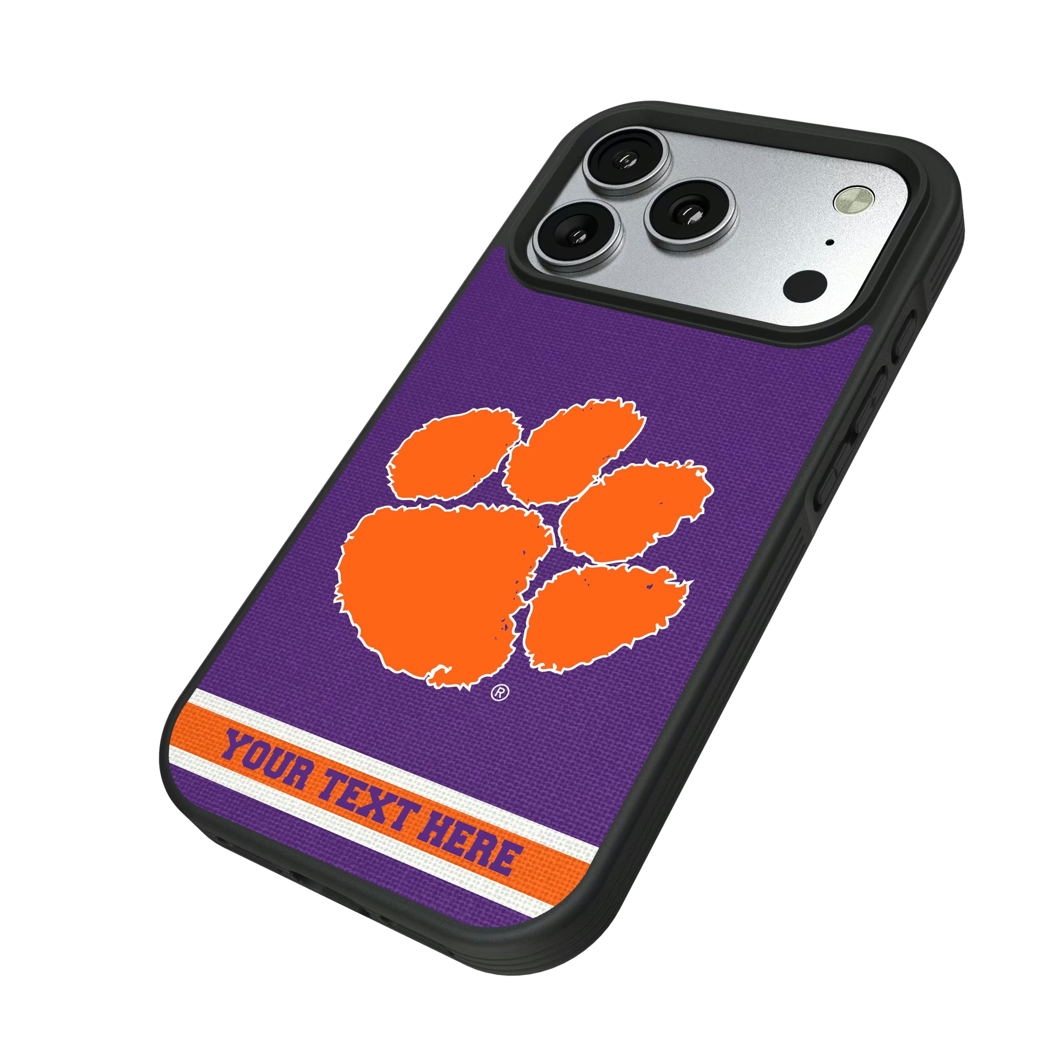 Clemson University Tigers Personalized Stripe iPhone Bump Phone Case for Apple iPhone - Isometric View#Device_iPhone 17 Pro
