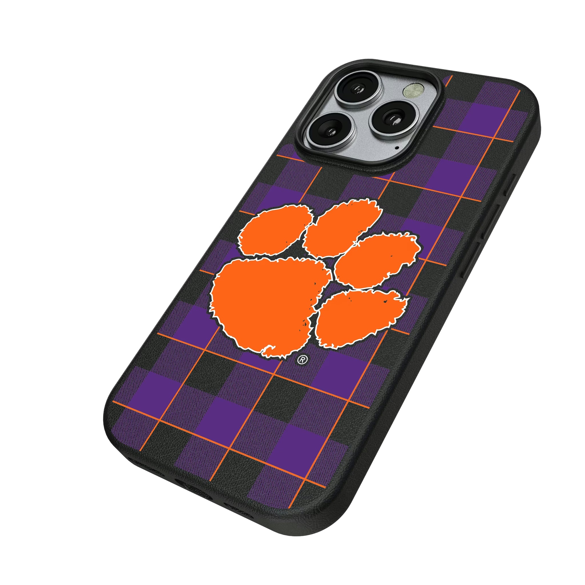 Clemson University Tigers Plaid iPhone MagSafe Compatible Phone Case for Apple iPhone - Isometric View