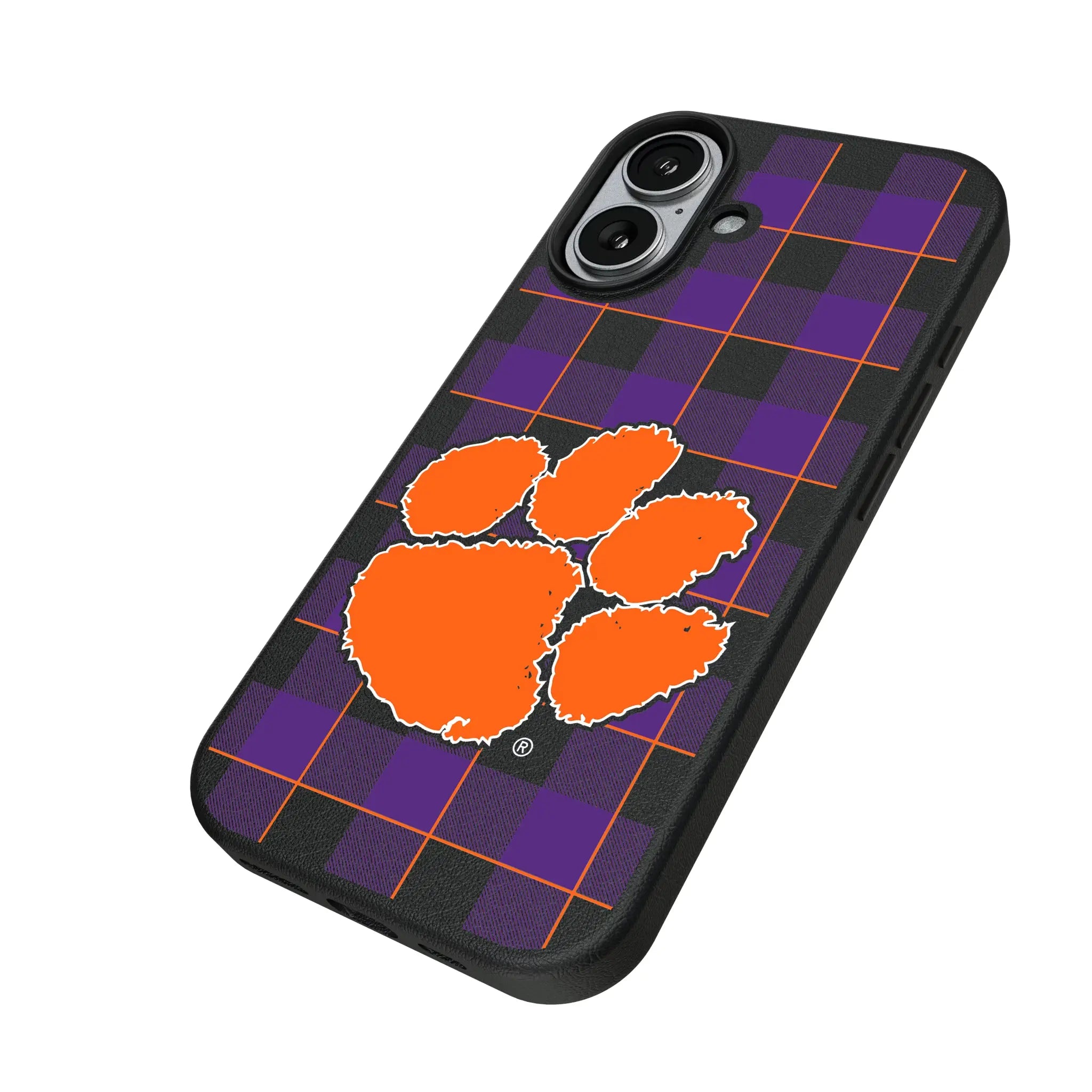 Clemson University Tigers Plaid iPhone MagSafe Compatible Phone Case for Apple iPhone - Isometric View#Device_iPhone 17