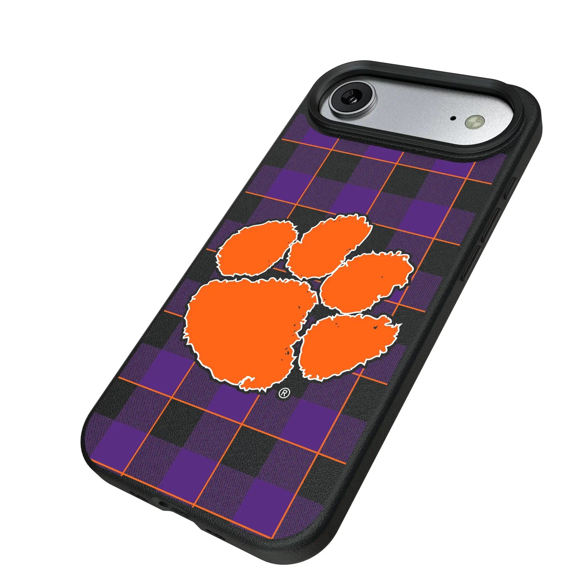 Clemson University Tigers Plaid iPhone MagSafe Compatible Phone Case for Apple iPhone - Isometric View#Device_iPhone Air