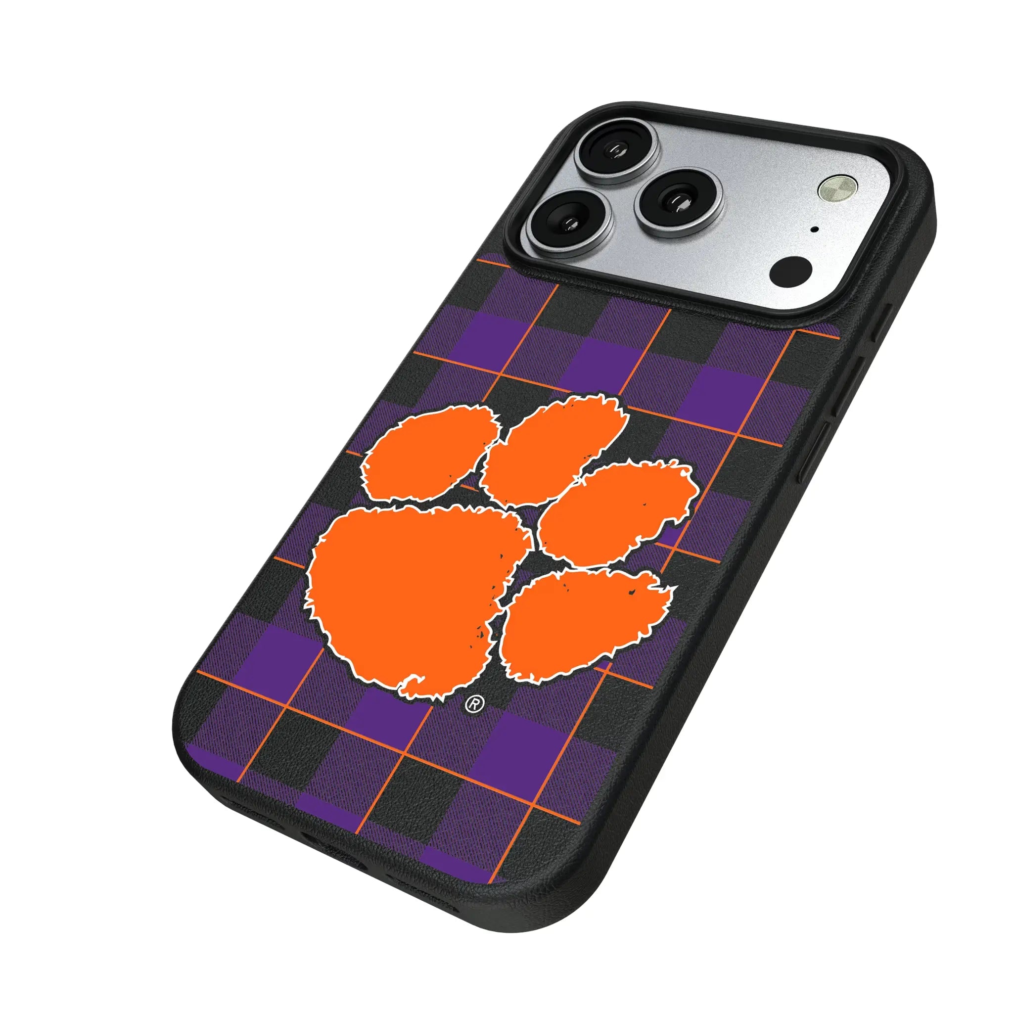 Clemson University Tigers Plaid iPhone MagSafe Compatible Phone Case for Apple iPhone - Isometric View#Device_iPhone 17 Pro