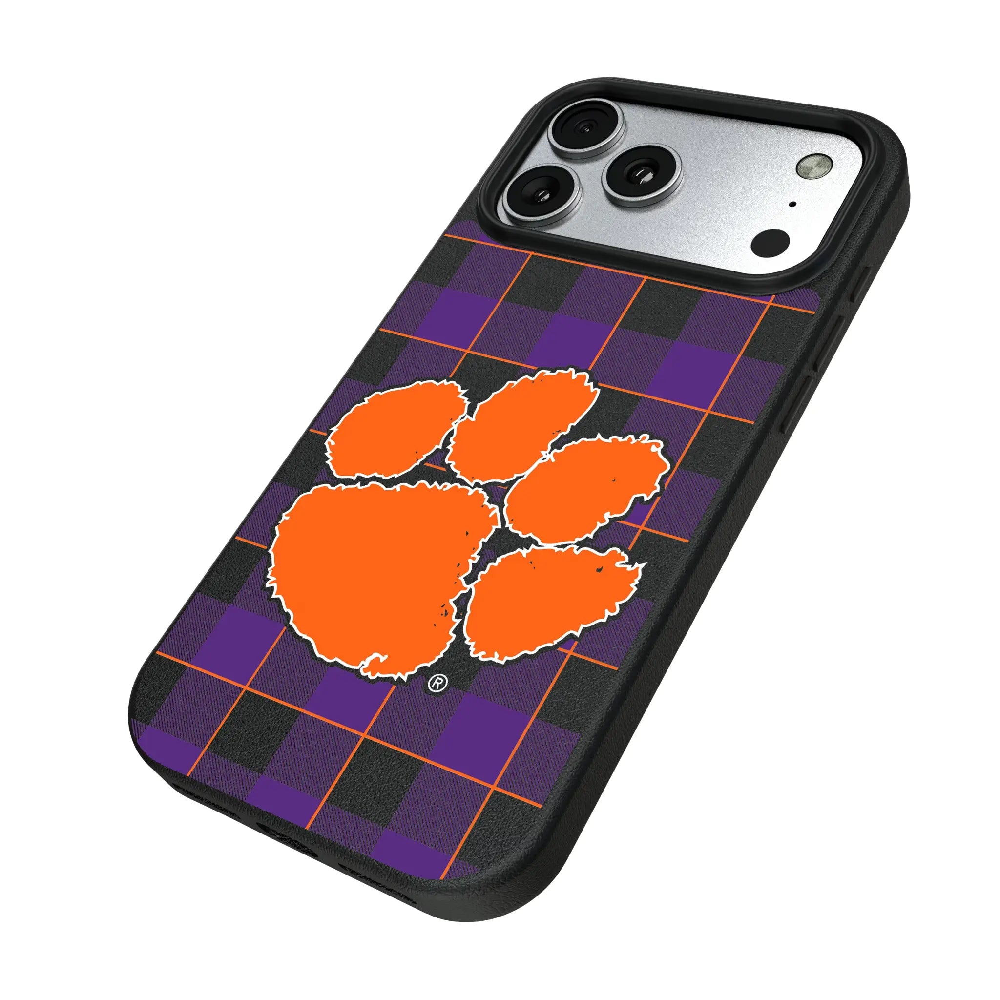 Clemson University Tigers Plaid iPhone MagSafe Compatible Phone Case for Apple iPhone - Isometric View#Device_iPhone 17 Pro Max