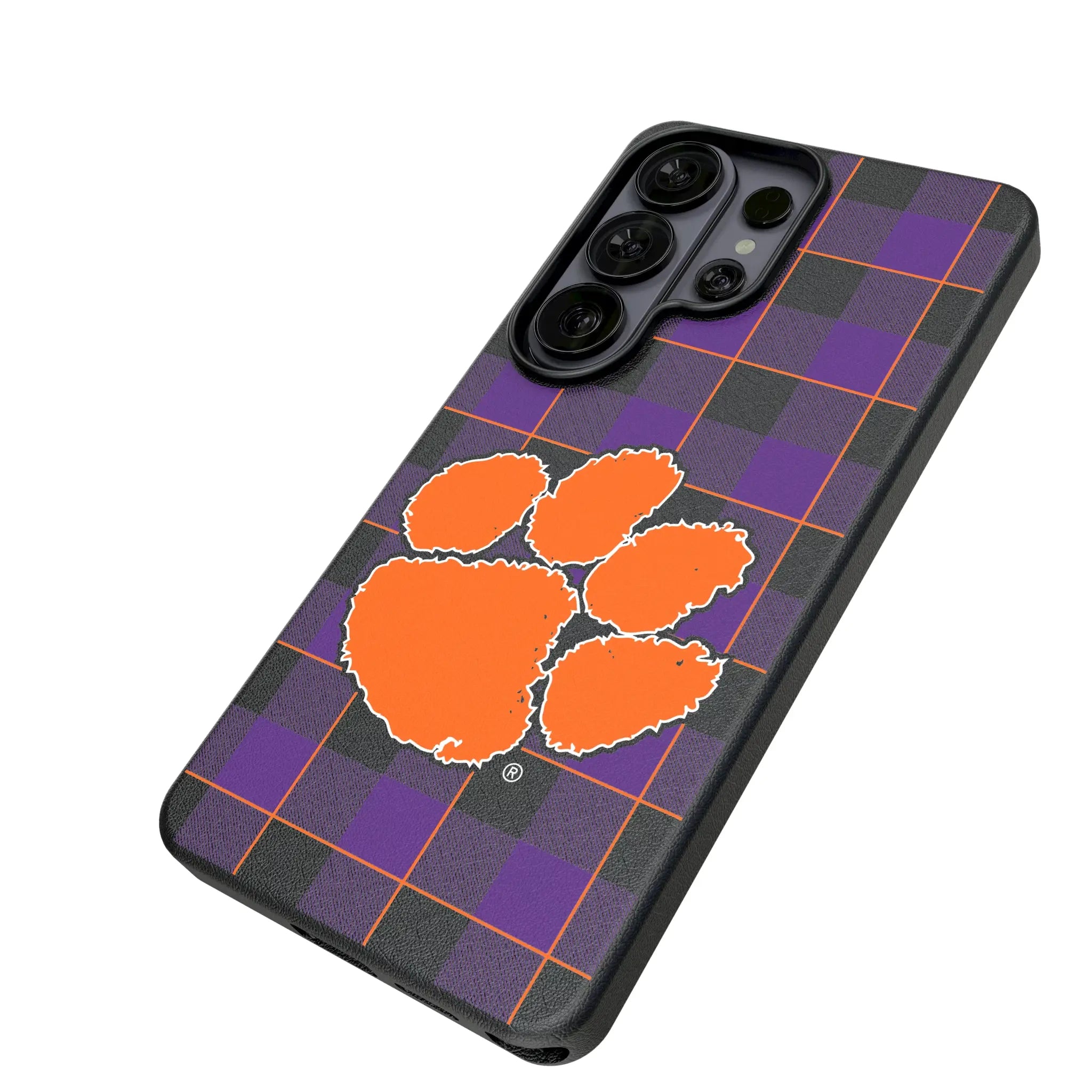 Clemson University Tigers Plaid Galaxy MagSafe Compatible Phone Case for Samsung Galaxy - Isometric View#Device_Galaxy S26 Ultra