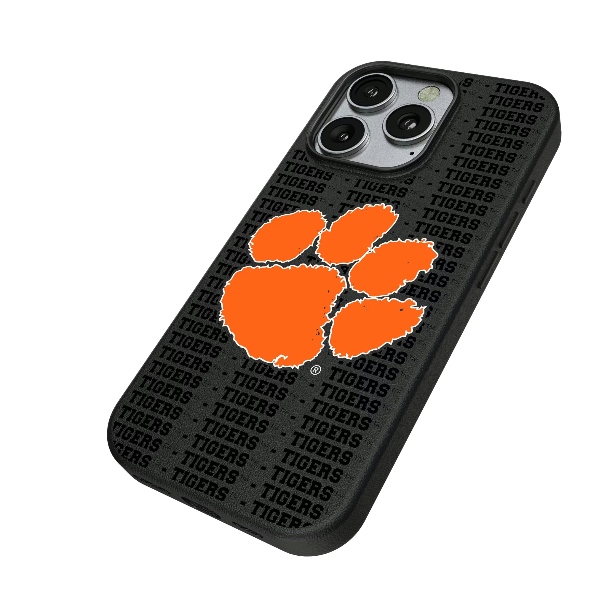 Clemson University Tigers Text Backdrop iPhone MagSafe Compatible Phone Case for Apple iPhone - Isometric View