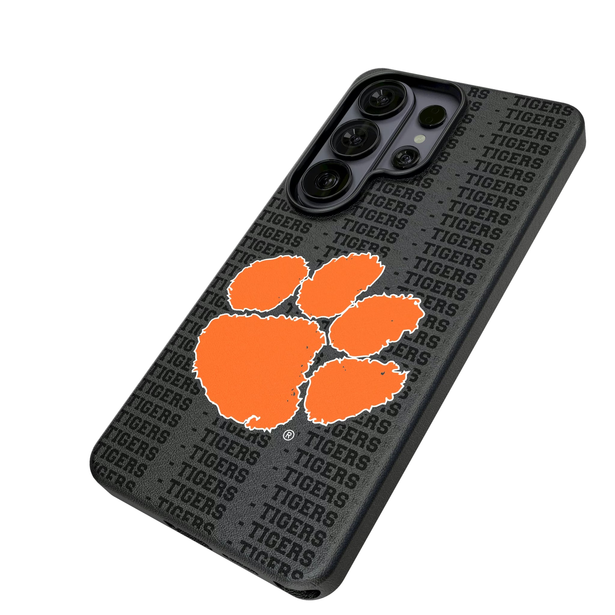 Clemson University Tigers Text Backdrop Galaxy MagSafe Compatible Phone Case for Samsung Galaxy - Isometric View