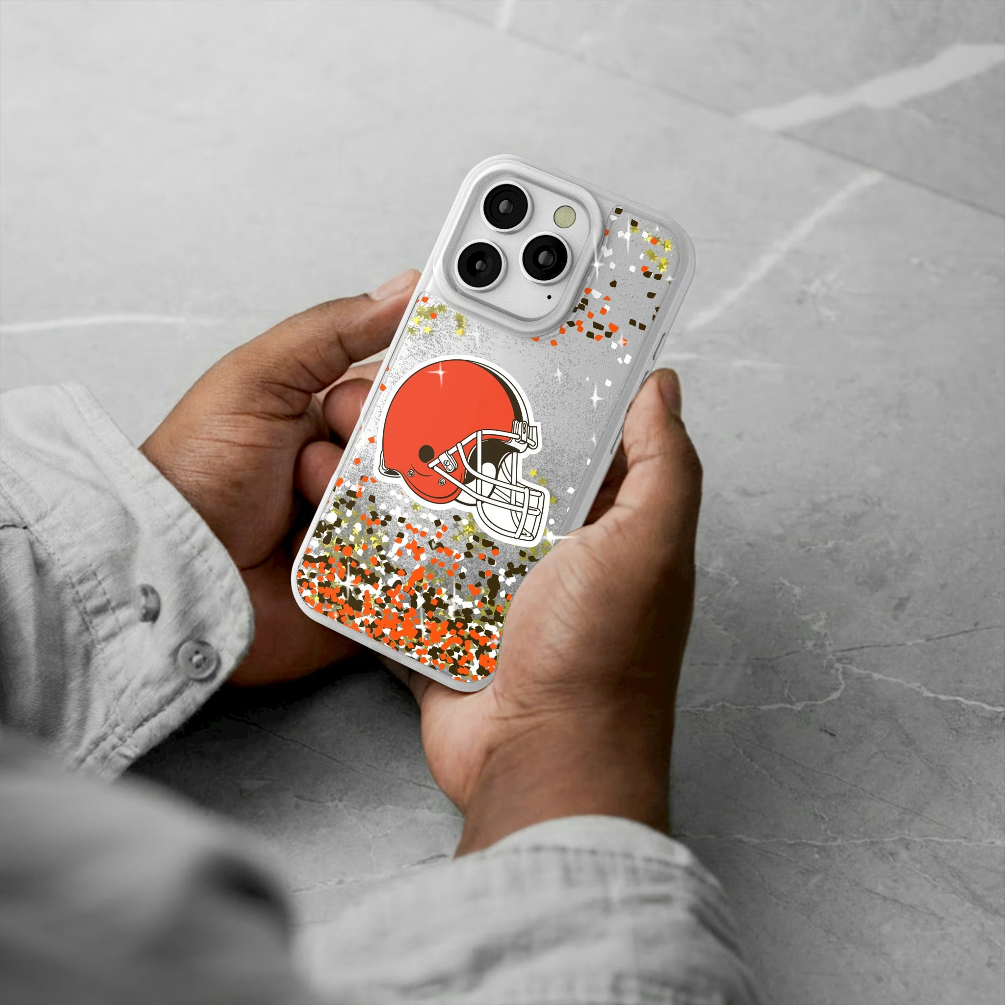 Cleveland Browns Confetti iPhone Glitter Phone Case for Apple iPhone - Lifestyle#Device_iPhone 16 Pro
