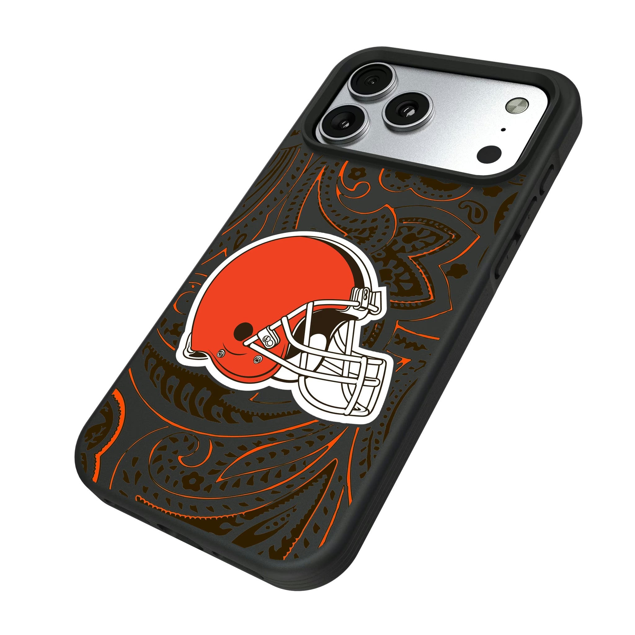 Cleveland Browns Paisley iPhone Bump Phone Case for Apple iPhone - Isometric View#Device_iPhone 17 Pro Max