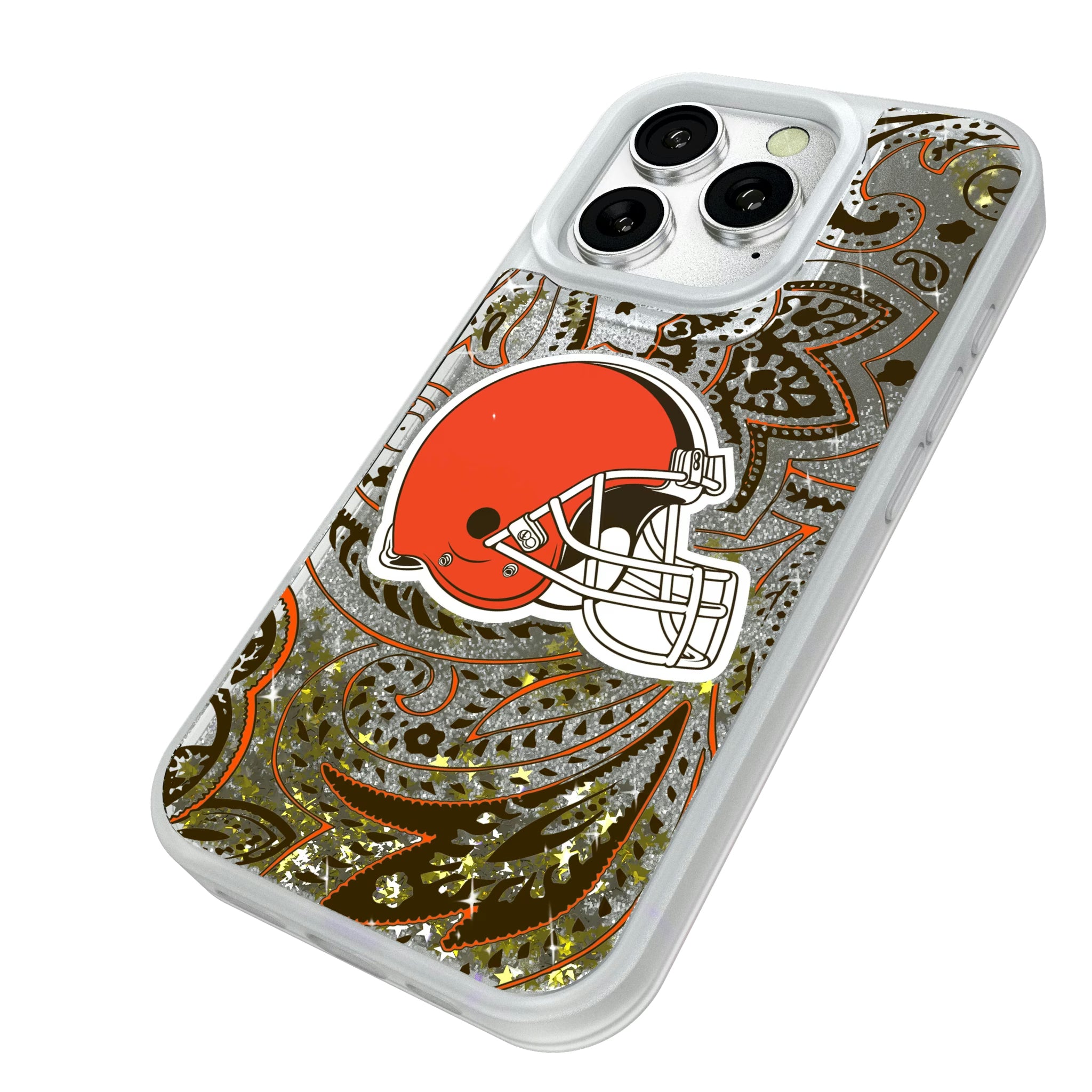 Cleveland Browns Paisley iPhone Glitter Phone Case for Apple iPhone - Isometric View#Device_iPhone 16 Pro