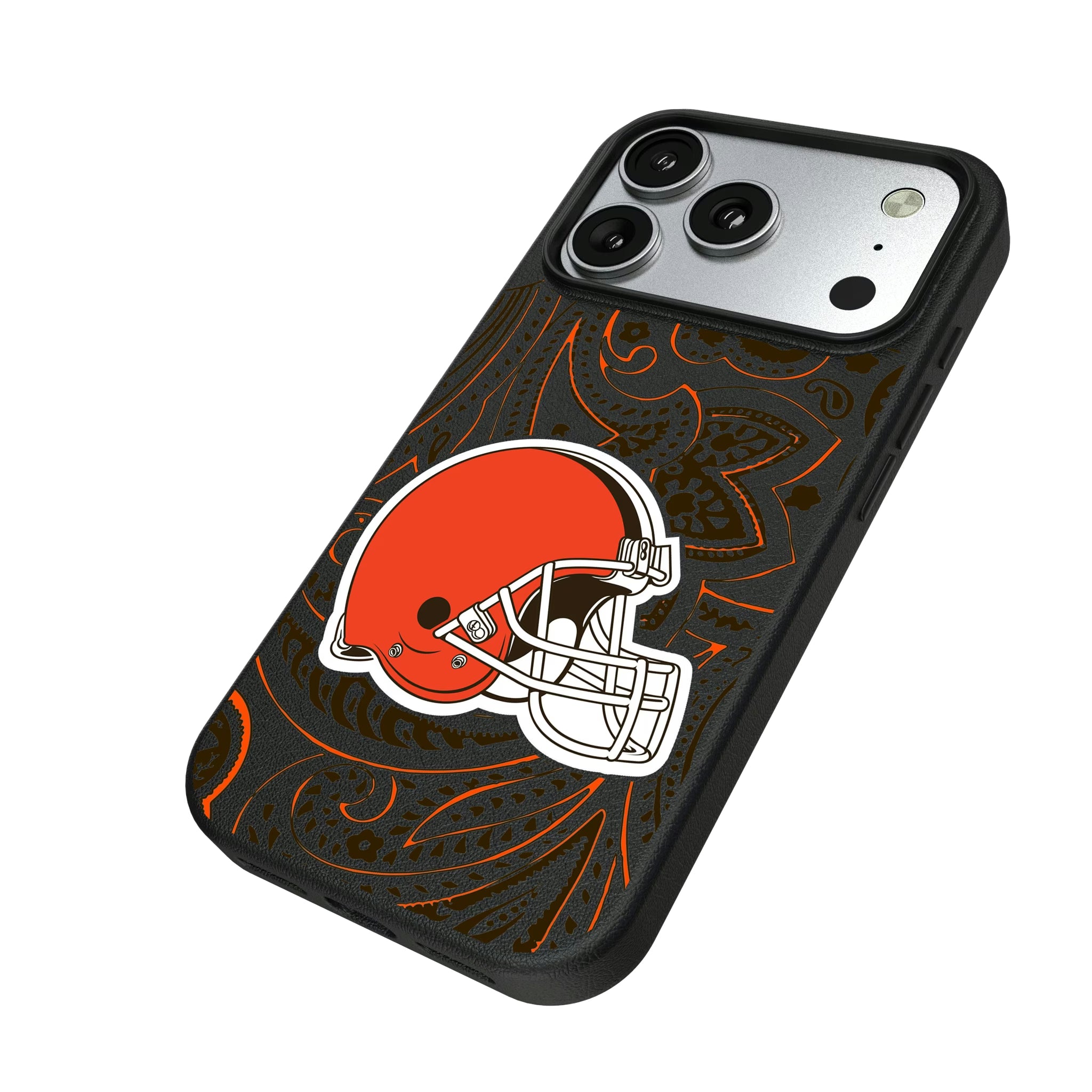 Cleveland Browns Paisley iPhone MagSafe Compatible Phone Case for Apple iPhone - Isometric View#Device_iPhone 17 Pro