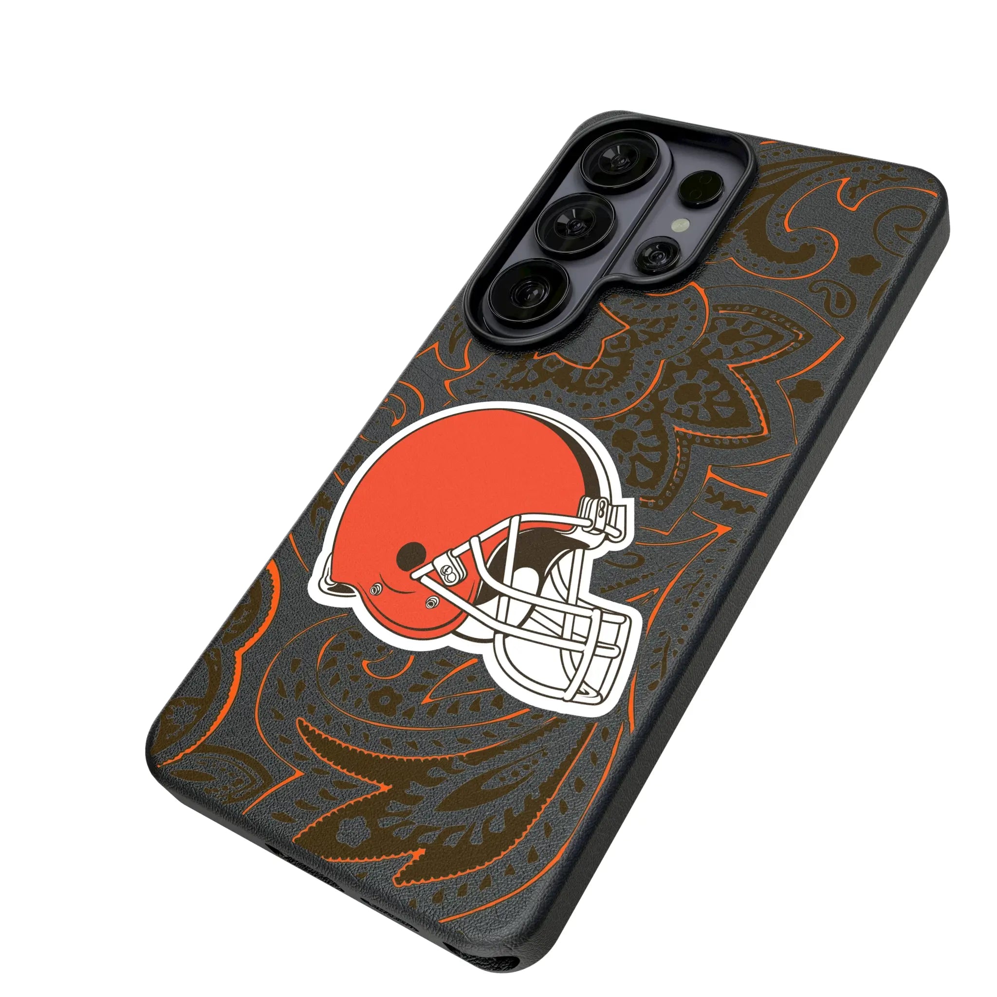 Cleveland Browns Paisley Galaxy MagSafe Compatible Phone Case for Samsung Galaxy - Isometric View#Device_Galaxy S26 Ultra